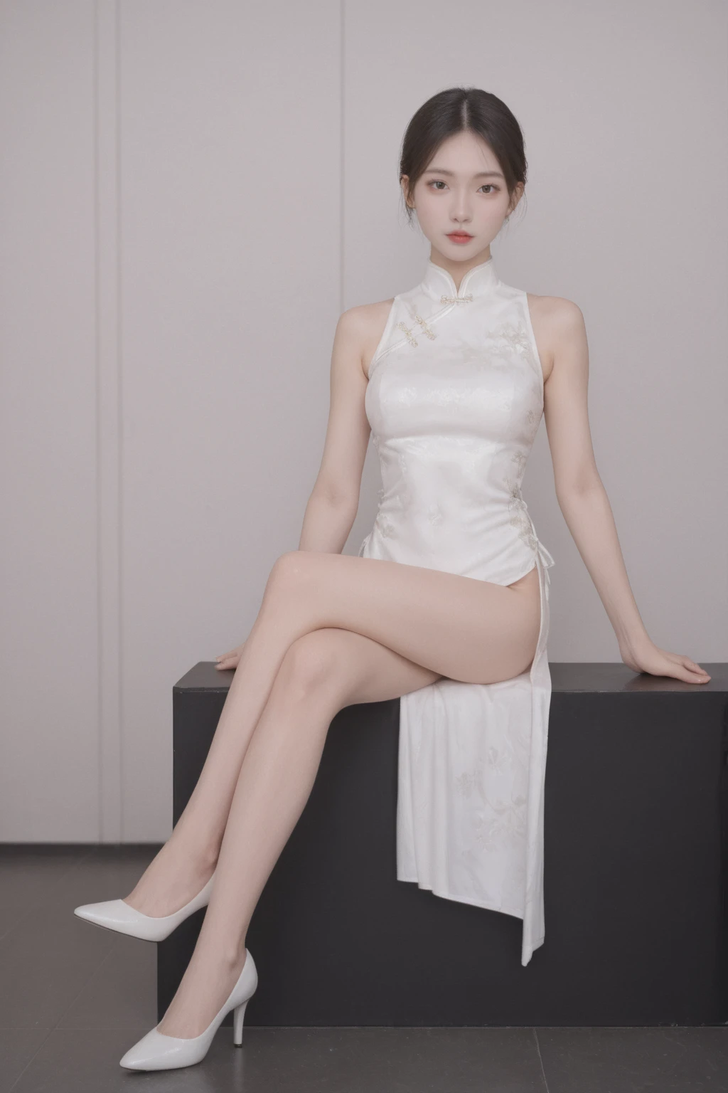 realistic,score_9, score_8_up, score_7_up, japanese adult woman,full body photography, elegant white sleeveless cheongsam dress, sitting, crossed legs, high heels