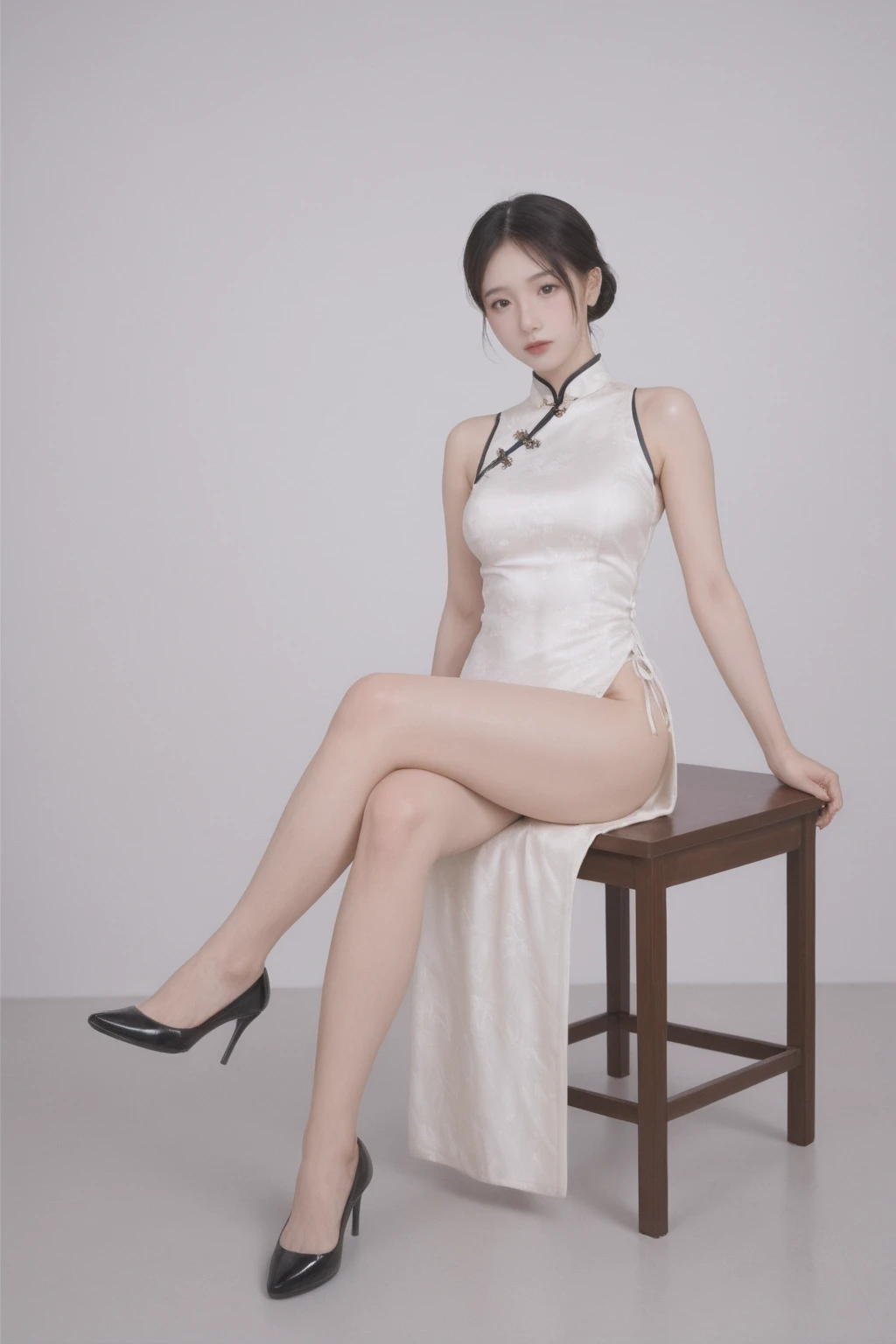 realistic,score_9, score_8_up, score_7_up, japanese adult woman,full body photography, elegant white sleeveless cheongsam dress, sitting, crossed legs, high heels