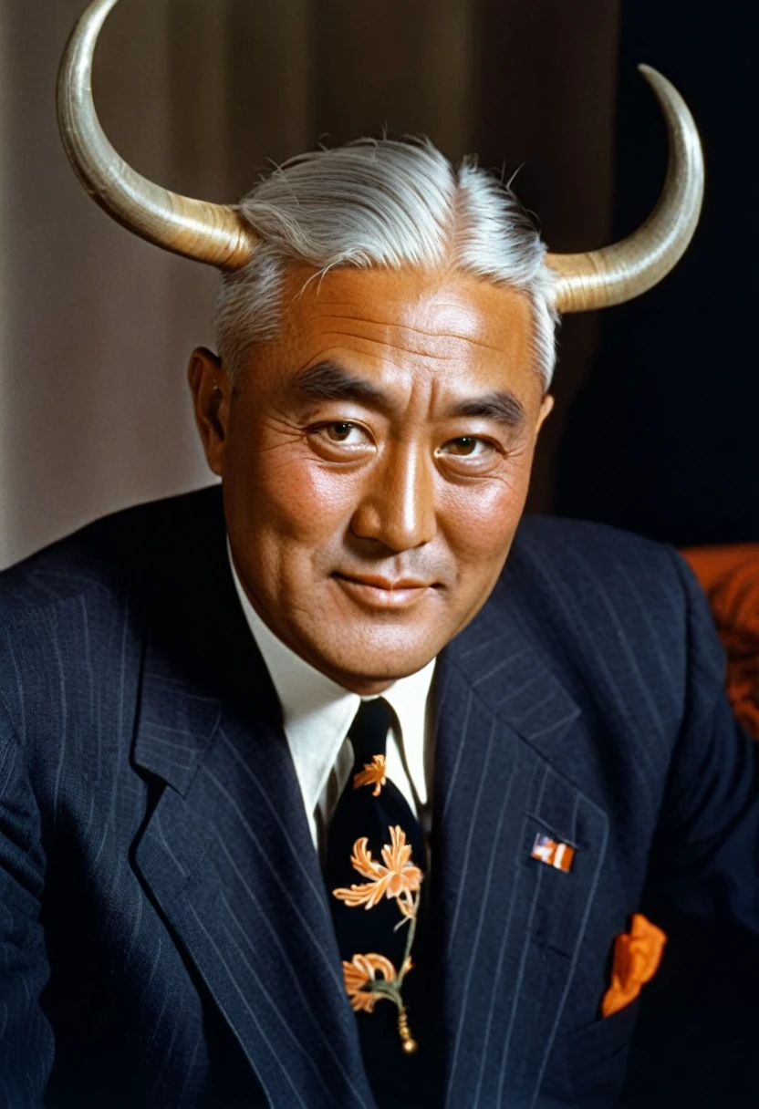 ((best qualityer)), ((work of art)), (detailded), (photo from 1940s, 1940 photographic quality) photo 1940 Asian man with orange skin, pair of horns, white  hair, greeneyes, ao lado de Franklin Delano Roosevelt, in a senate.