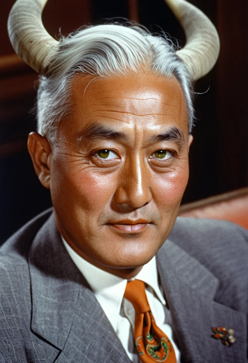 ((best qualityer)), ((work of art)), (detailded), (photo from 1940s, 1940 photographic quality) photo 1940 Asian man with orange skin, pair of horns, white  hair, greeneyes, ao lado de Franklin Delano Roosevelt, in a senate.