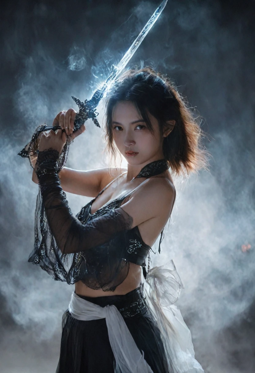 Female swordsman topless photography，Atomic Correct,Raw, Lenses, (Clear focus:1.5), (Reality:1.4), Dusk lighting, Volumetric Lighting, Ultra-high resolution, 16K,Dramatic Lighting, White background：1.5），Glowing sword,(fighting stance),Hold the sword hilt tightly in your hand，1 sword，Solitary，（Zentangle，Mandala，Tangles，Entanglement：0.7） , Depth of Field, Dreamy atmosphere, The most beautiful form of chaos, grace, Brutalist design dark theme, Flower of Death, Flowers of ecstasy，glowing line,Glow Example，Tracking example，flash， Backlight，translucent，Light Particles，exit，xianxia