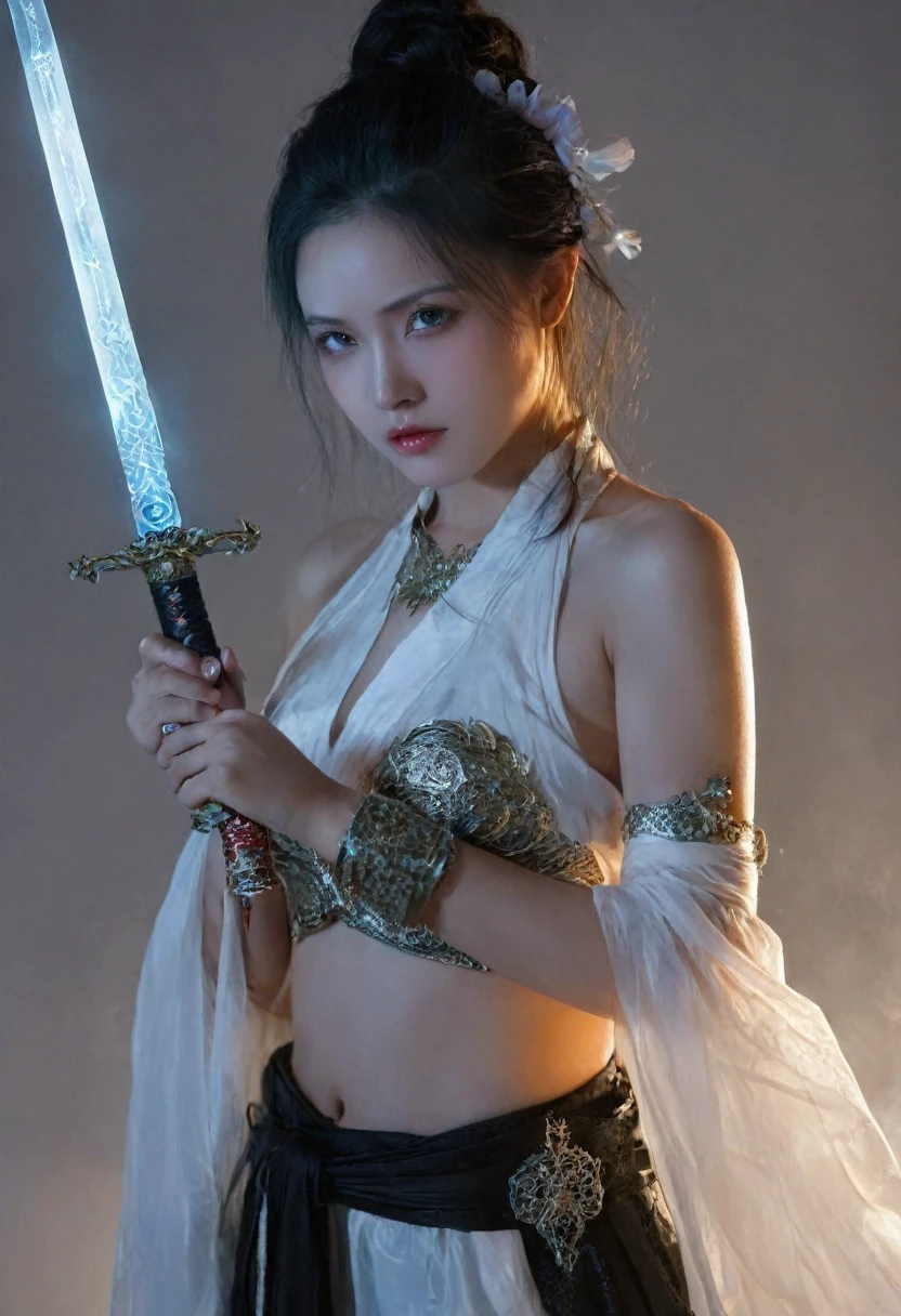 Female swordsman ??????? photography,Atomic Correct,Raw, Lenses, (Clear focus:1.5), (Reality:1.4), Dusk lighting, Volumetric Lighting, Ultra-high resolution, 16K,Dramatic Lighting, White background:1.5),Glowing sword,(fighting stance),Hold the sword hilt tightly in your hand,1 sword,Solitary,(Zentangle,Mandala,Tangles,Entanglement:0.7) , Depth of Field, Dreamy atmosphere, The most beautiful form of chaos, grace, Brutalist design dark theme, Flower of Death, Flowers of ecstasy,glowing line,Glow Example,Tracking example,flash, Backlight,translucent,Light Particles,exit,xianxia