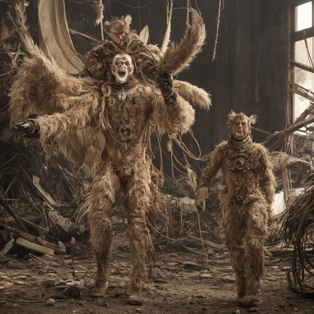 figure composed of delicately arranged fur arms and dust legs, clowncore, wired lightframes postapocalypse
