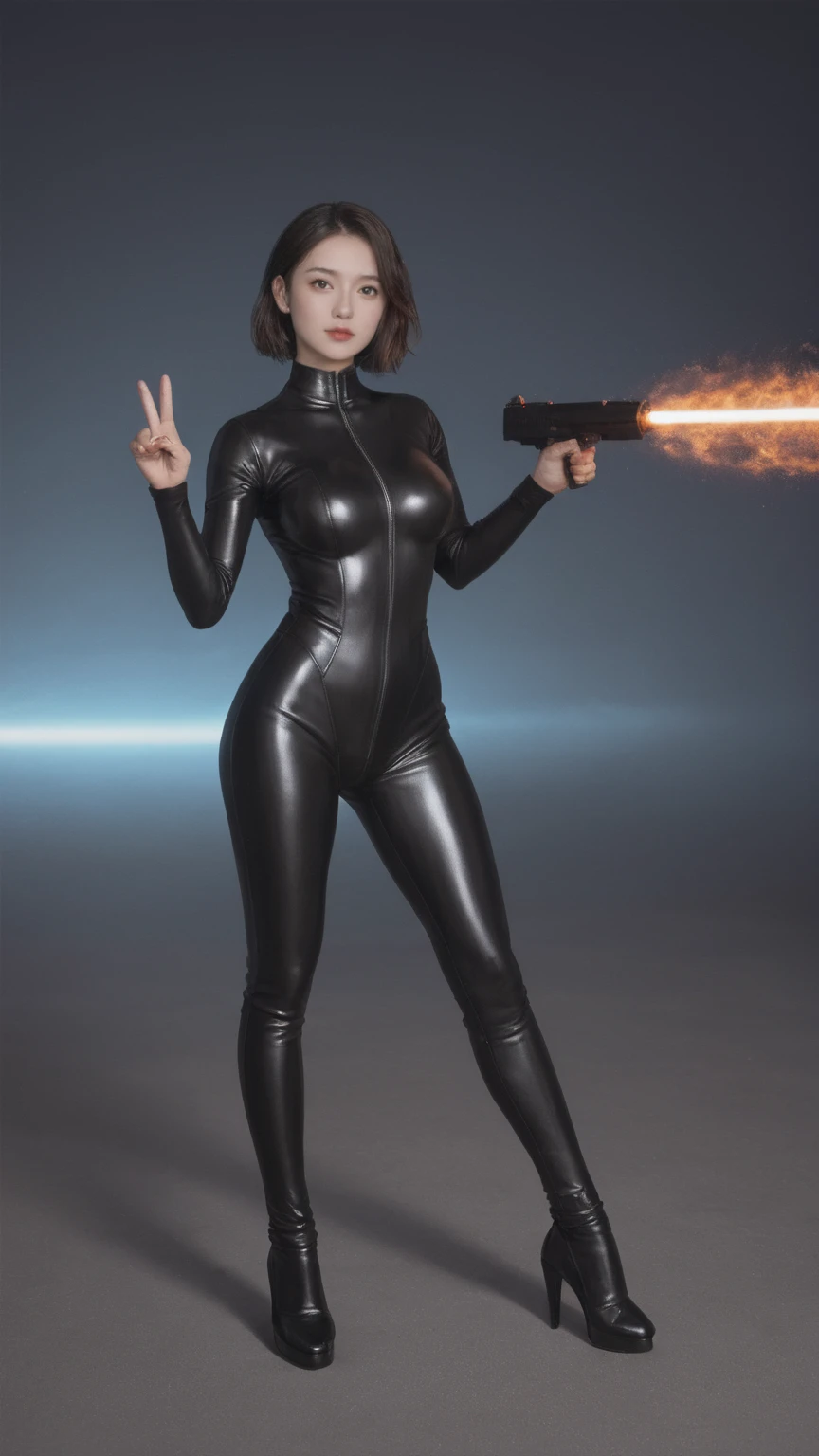 realistic,score_9, score_8_up, score_7_up, cyberpunk style，30-year-old mature and charming woman，Leather jumpsuit covers the whole body，full breasts，High-heeled leather shoes，Pointing a laser gun at me，open fire，（There are many small pieces of gravel floating in the air around me.:1.5），Beautiful，Glowing special effects，celluloid style，Flat coating，HD，CG art，comics，8K，looking into camera，high quality，illustration，Vaporwave style，rim light，movie lighting，Super detailed，complex，OC renderer，cinematic perspective，high resolution