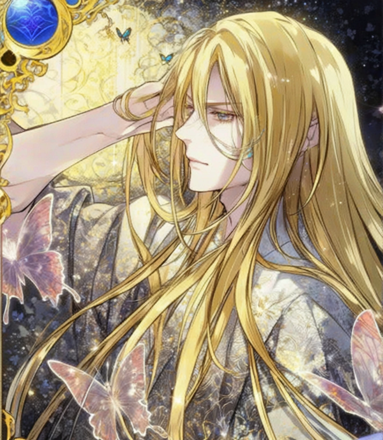 Close-up of a long-haired person and butterflies, Portrait of the Magical Blonde Prince, ((Beautiful Fantasy Empress)), Beautiful androgynous prince, A delicate androgynous prince, anime key visual of elegant, Long, flowing, gorgeous blonde hair, Anime Art Nouveau Space Display, Detailed Key Anime Art, Shadowverse Style, Flowing hair and long robes