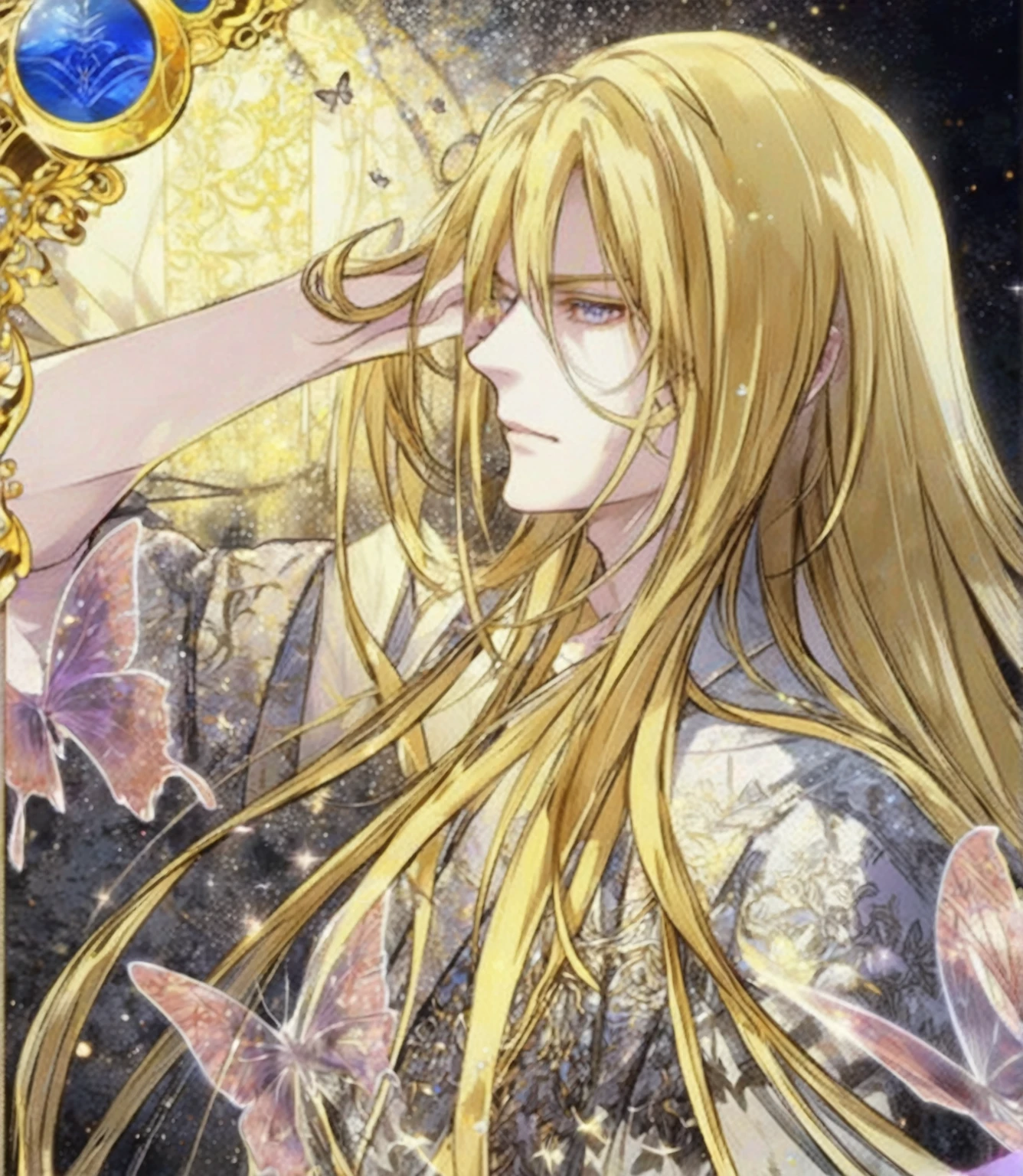 Close-up of a long-haired person and butterflies, Portrait of the Magical Blonde Prince, ((Beautiful Fantasy Empress)), Beautiful androgynous prince, A delicate androgynous prince, anime key visual of elegant, Long, flowing, gorgeous blonde hair, Anime Art Nouveau Space Display, Detailed Key Anime Art, Shadowverse Style, Flowing hair and long robes
