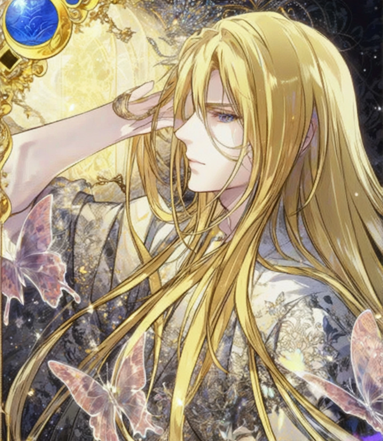 Close-up of a long-haired person and butterflies, Portrait of the Magical Blonde Prince, ((Beautiful Fantasy Empress)), Beautiful androgynous prince, A delicate androgynous prince, anime key visual of elegant, Long, flowing, gorgeous blonde hair, Anime Art Nouveau Space Display, Detailed Key Anime Art, Shadowverse Style, Flowing hair and long robes