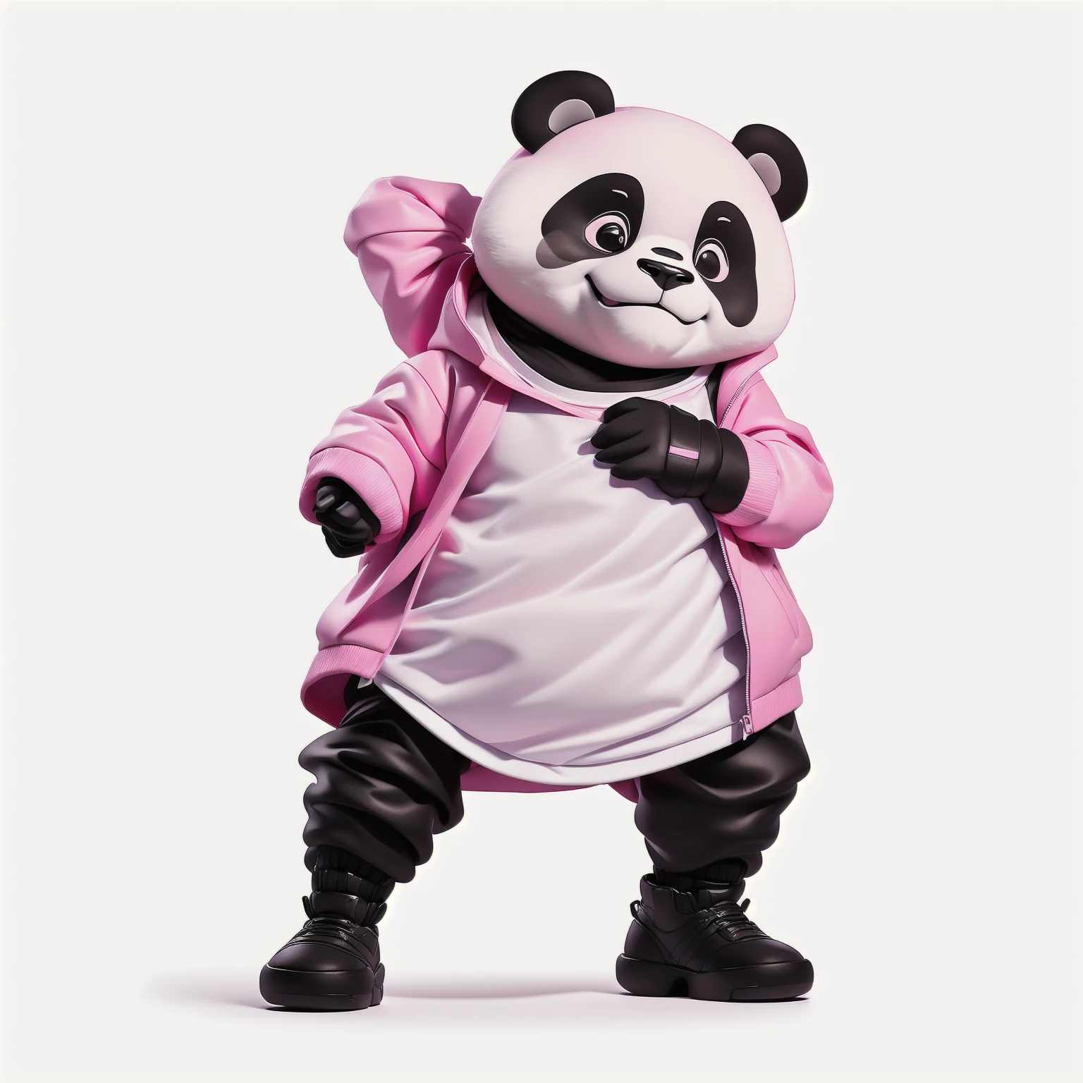 panda bear in a pink jacket and black pants with a pink jacket, panda panda panda, panda, Inspired by Zhu Da, cute panda, a cute giant panda, dancing character, He's dancing, kung fu panda, inspired by Luo Ping, No gradient, Wooden plates, pan ren wei, pat, Black person