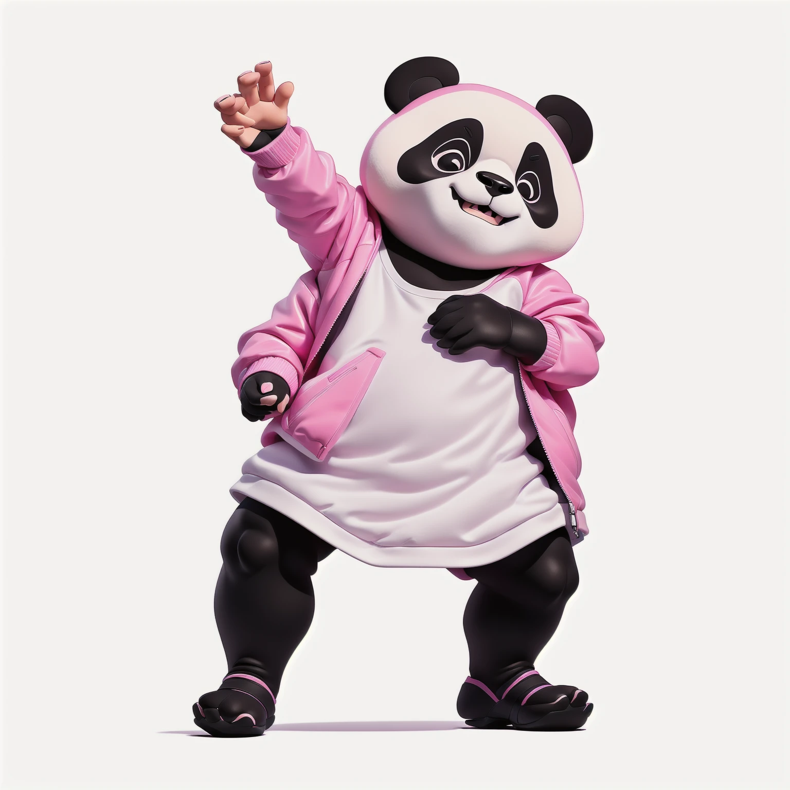 panda bear in a pink jacket and black pants with a pink jacket, panda panda panda, panda, Inspired by Zhu Da, cute panda, a cute giant panda, dancing character, He's dancing, kung fu panda, inspired by Luo Ping, No gradient, Wooden plates, pan ren wei, pat, Black person