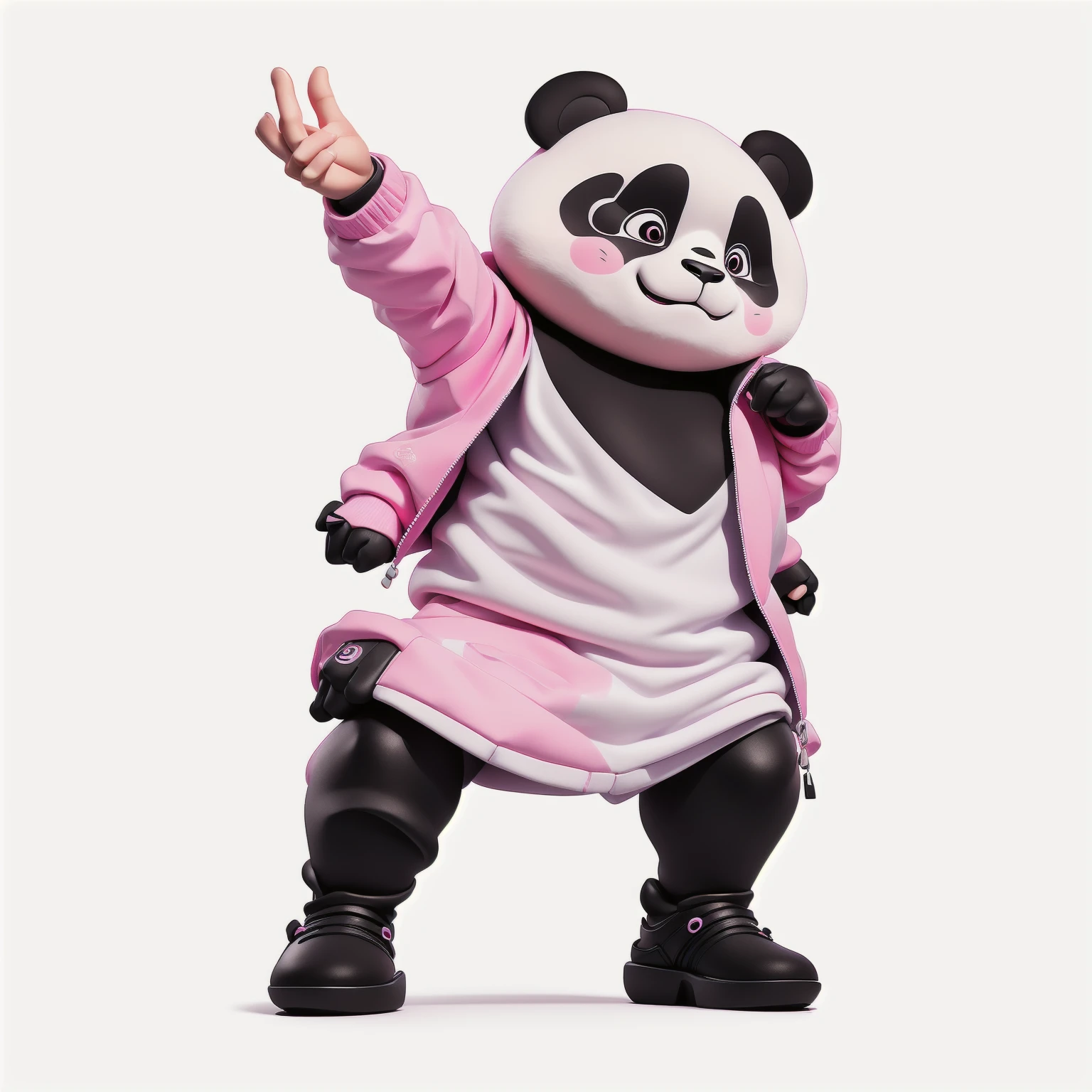 panda bear in a pink jacket and black pants with a pink jacket, panda panda panda, panda, Inspired by Zhu Da, cute panda, a cute giant panda, dancing character, He's dancing, kung fu panda, inspired by Luo Ping, No gradient, Wooden plates, pan ren wei, pat, Black person
