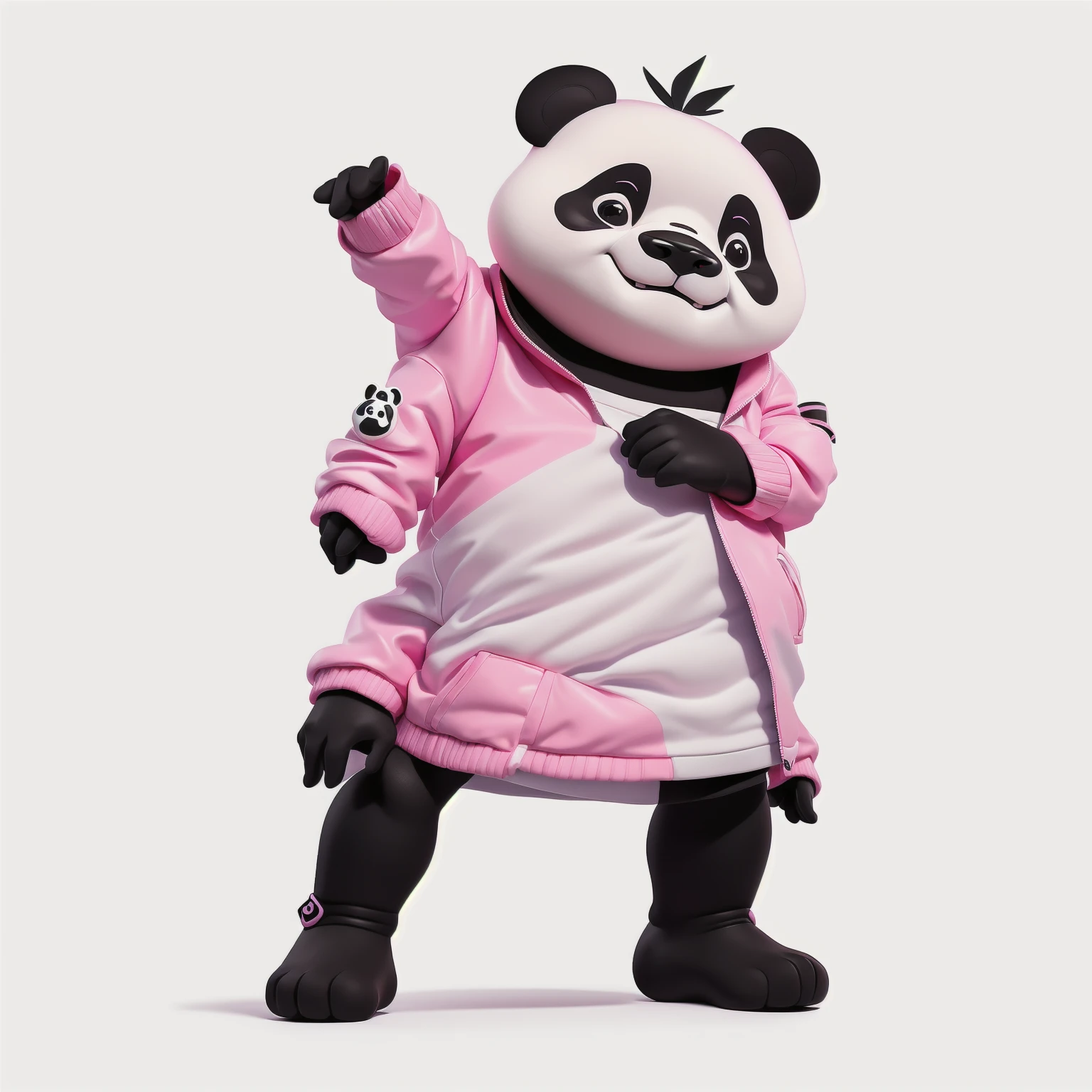 panda bear in a pink jacket and black pants with a pink jacket, panda panda panda, panda, Inspired by Zhu Da, cute panda, a cute giant panda, dancing character, He's dancing, kung fu panda, inspired by Luo Ping, No gradient, Wooden plates, pan ren wei, pat, Black person