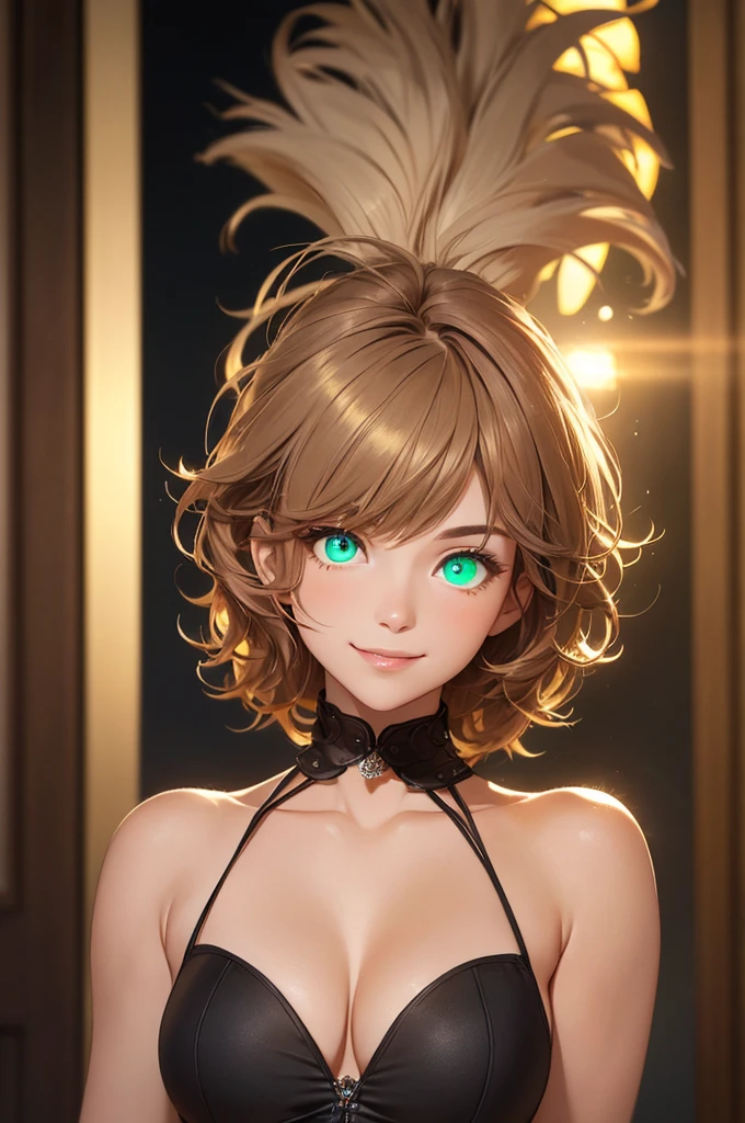 baby face, (short brown fluorescence hair:1.5,messy hair:1.5), (photorealistic:1.8), (masterpiece, sidelights, exquisite beautiful eyes: 1.5), masterpiece*portrait, realistic, 3D face,(cute face),front view: 1.6、 (glowing green eyes:1.2),plump face:1.5,(tareme:1.5)、(seductive smile:1.2),Rosy Mouth,Slim Body,abs, shiny hair, shiny skin: 1.5、medium breasts,cleavage、solo,,(stand)、(black and red Punk Rock clothes)、(charactor focus:1.5、portlate、upper body),stage,