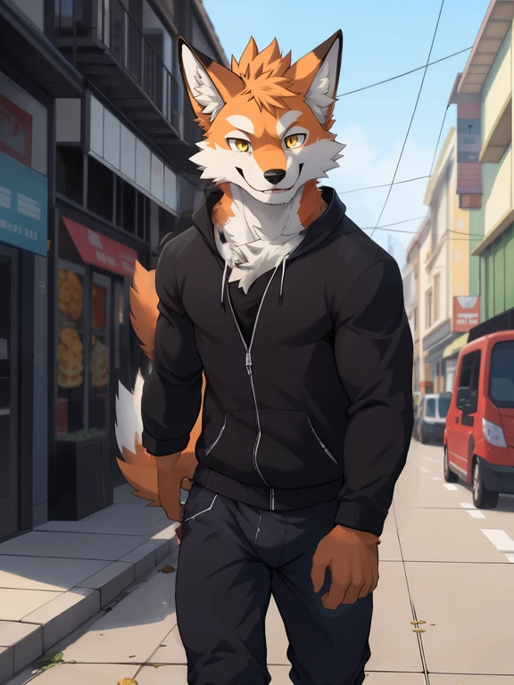 Anime: Style photo of a mignon fox with yellow eyes walking around the street, poitrine moelleuse, Renard humain, cheveux poilus, renard d’anime, Haute résolution, mâle, mignon, lait, laity fox, sourire aux coins de la bouche, sweat blanc, mince, 1.7m de haut, boxer