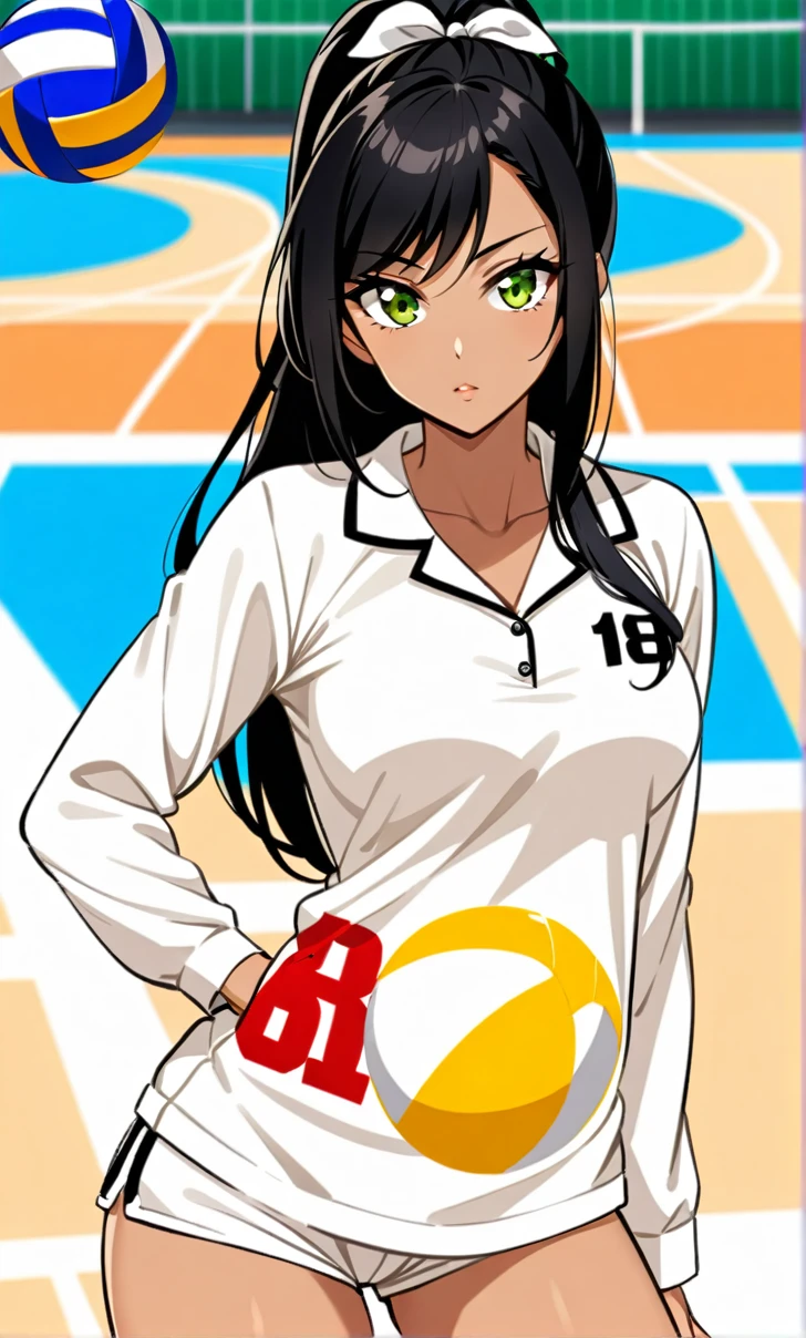 Woman, Athletic and toned body, light skin tone, long black hair tied in a ponytail, green eyes with a penetrating and seductive look, breasts big, exciting look, white bear pajamas, short shorts and a top showing your belly, she is on a volleyball court, cute pose