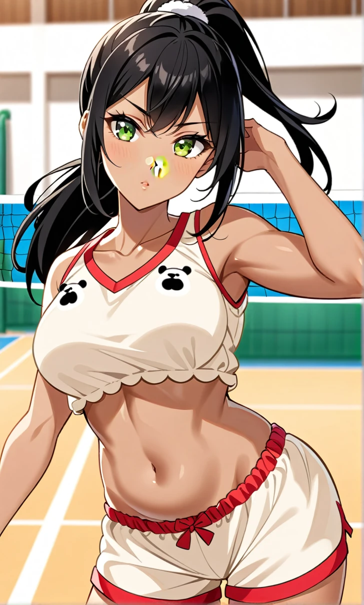 Woman, Athletic and toned body, light skin tone, long black hair tied in a ponytail, green eyes with a penetrating and seductive look, big, exciting look, white bear pajamas, short shorts and a top showing your belly, she is on a volleyball court, cute pose