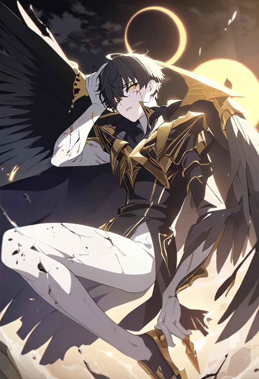 1man, adult, angel, pale skin, black hair, very short hair, white hairlocks, golden eyes, broken face, crack on the face, radiance coming from the crack, missing eye, black wings, eyed wings, bird legs, black robes, golden details, golden shoulder pads, golden prothesis in right hand, clawsprothesis, great sword on hands, eclipse, fullbody, anime style, (masterpiece), best quality, 