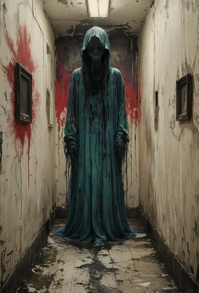 1 girl,Faceless shape appearing in haunted hallway, global illumination, Beautiful splash of vibrant paint