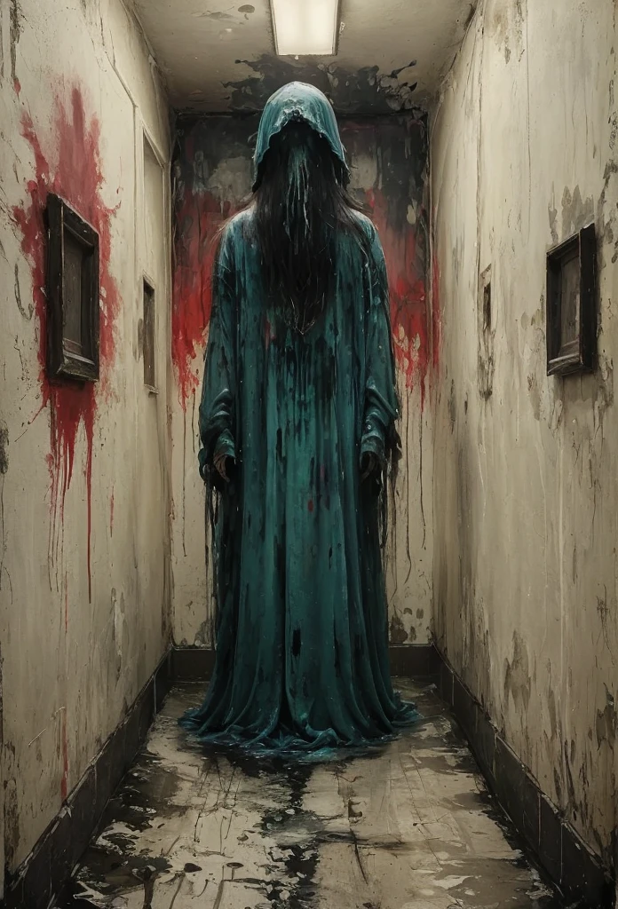 1 girl,Faceless shape appearing in haunted hallway, global illumination, Beautiful splash of vibrant paint