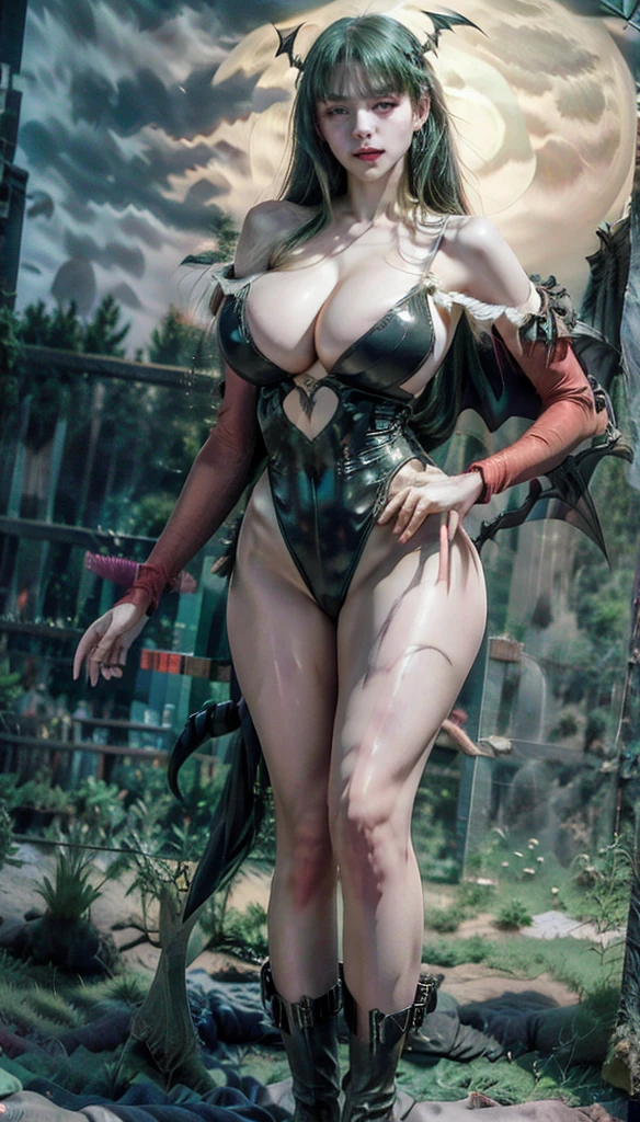 Morrigan, beautiful goddess of the night, with big breasts and big hips, a small waist, standing in front, very sexy, in the background of the darkness of the night.