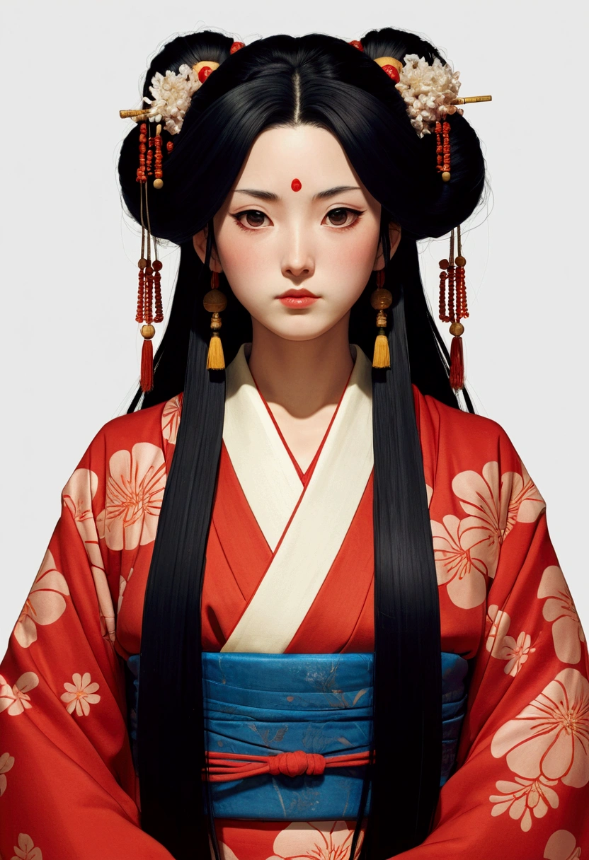 A Ghibli's studio character (2D). She have long black hair are tied but look messy. She wears traditional dark oiran clothes . she seems cold