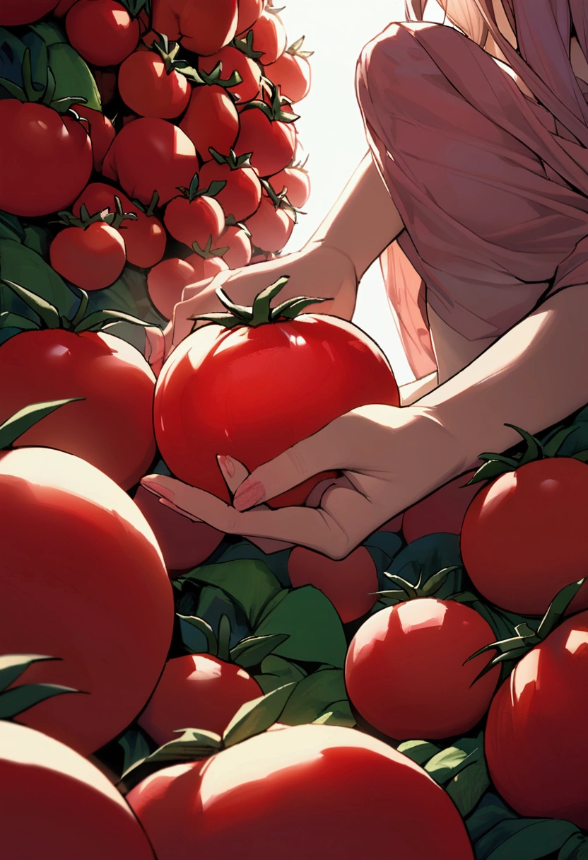 a fairy flying over a pile of red Tomatoes , holding one Tomato on her hand