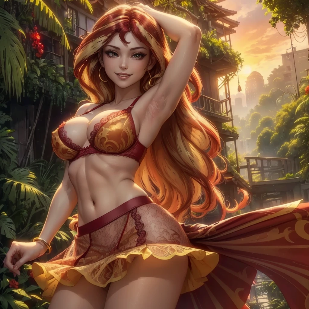 (((beautiful female body))),(((sunsetshimmer as a sweet charming hot seductive horny model))) ,(((red and yellow color hair))),(((stand hold a lace skirt with hands)))), (((outdoor))),(((jungle in background))),(((lewd and erotic posing))), (((happy wicked smile))) ,(((wear light yellow red sheer lace transparent see through very short bra))) , (((((upskirt view))))) , breasts are visible ,golden bracelets , (((perfect big breasts))) , lush breasts , Bulky Breasts , voluminous breasts ,(((peeping the viewer))),(((bare belly))),(((side close upskirt view)))