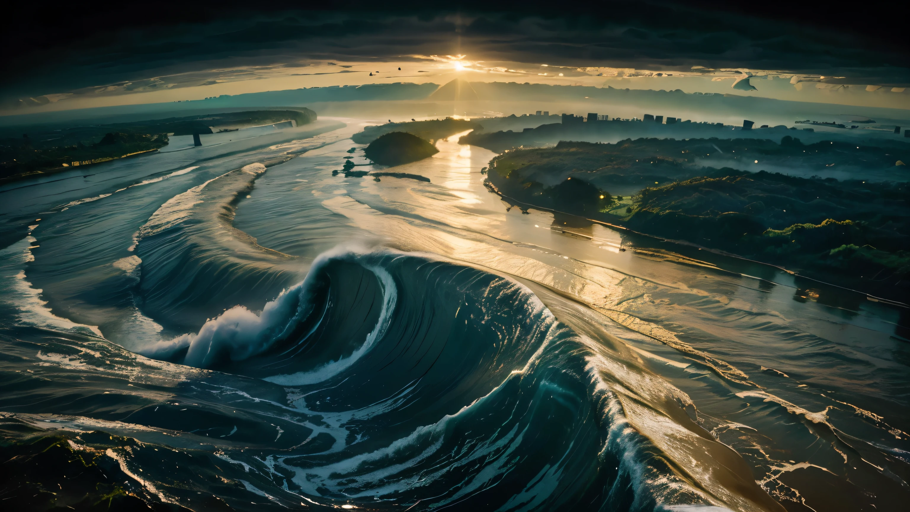 The wave goes up the river, washing both banks, destroying the banks facing it, the wave is transverse to the banks and goes up the river with the force of a tsunami, destroying the sides. A tsunami penetrating the Atlantic into the Amazon River a tsunami entering the Amazon River facing it, A giant wave, Amazon, rises up the Amazon River, devastating the sides, it is a giant wave and a tsunami invading the Amazon River, devastating the sides, the Amazon River at its mouth is 300 km wide and narrows as it goes up the rivers reaching 15 km wide the wave is only around 8 meters high but reaches the entire length from side to side of the river bank an image Super detailed of the Pororoca at the mouth of the Amazon River the Pororoca is a phenomenon when the Atlantic invades the Amazon River when it appears it overcomes the strength of the giant River and rises up the River and as it rises the River destroys trees and ravines on the banks of the Amazon River ((best quality)), ((masterpiece)), (detailed),
