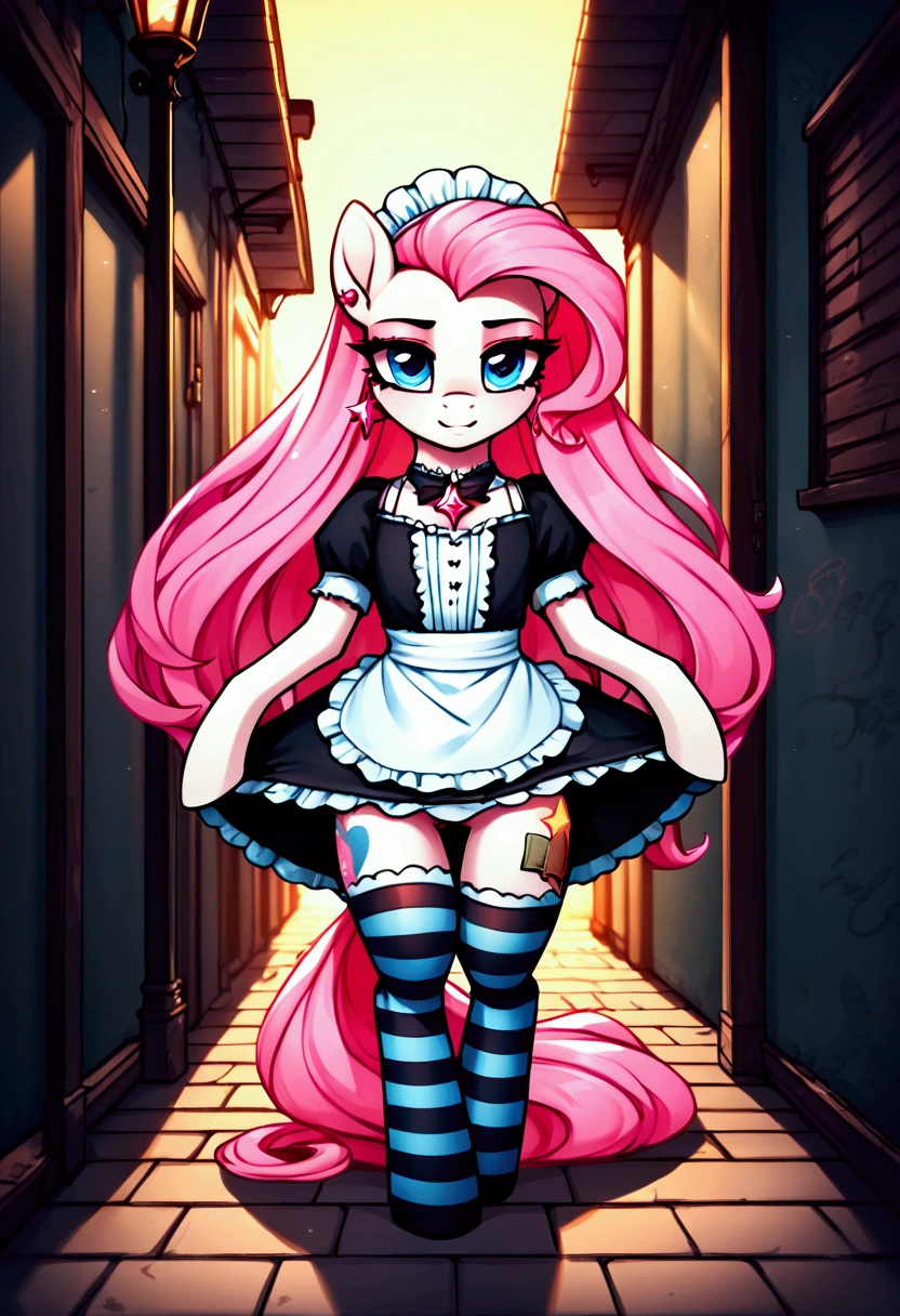 score_9,score_8_up,score_7_up,score_6_up, ((my little pony)), radiant lighting, vibrant colors, whimsical atmosphere, 8K, high resolution, highly detailed, masterpiece, ((brightness white body)), blue eyes, (maid costume), striped stockings, star pendant, earrings, eyeshadow, (very long pink hair:1.3), (((prostitute showing thigh:1.4)))
