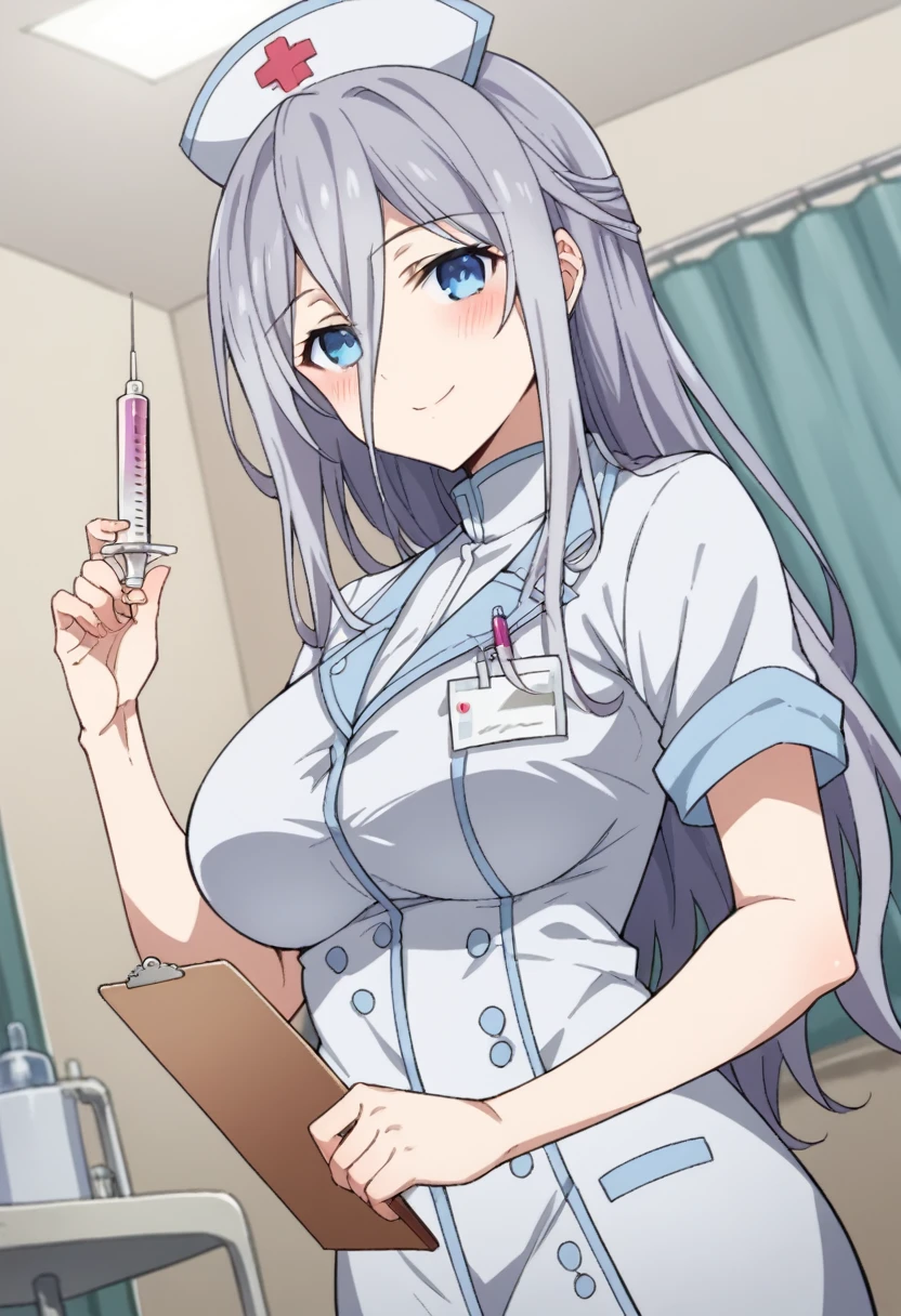 Score_9, Score_8_up, source_anime BREAK alone, looking at viewer, anime coloring, cowboy photo, Reinamurasame, queen murasame, long hair, blue eyes, gray hair , hair between eyes, big breasts, sides, hat, nurse cap, nurse, Indoors, hospital, syringe, clipboard, smile, blush, dutch angle, cowboy shot, looking at viewer, alone