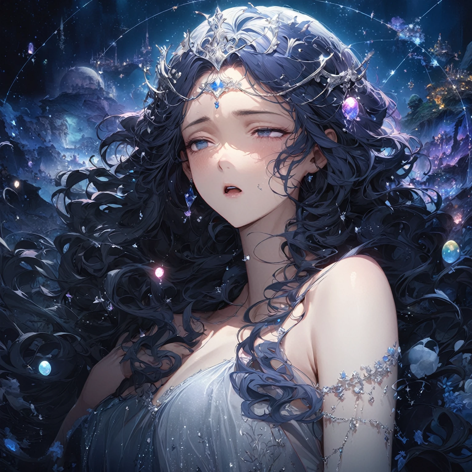 Woman, ethereal, otherworldly presence, sleepy, tired expression, half-closed, droopy eyes, slightly open mouth, silver, wavy hair, flowing gown, (nude:0.8), gossamer-like fabric, midnight blue, silver, lavender, constellation patterns, crescent moons, silver tiara, crescent-shaped charms, glowing gemstones, delicate silver bracelets, surreal, dreamlike landscape, large luminous moon, wisps of mist, floating islands, mythical creatures, glowing flora, small glowing orbs, faint silver threads, soft silvery light, dream manipulation, detailed gorgeous face| anime style| key visual| intricate detail| highly detailed| breathtaking| vibrant| panoramic| cinematic| Carne Griffiths| Conrad Roset| gibbli 8k