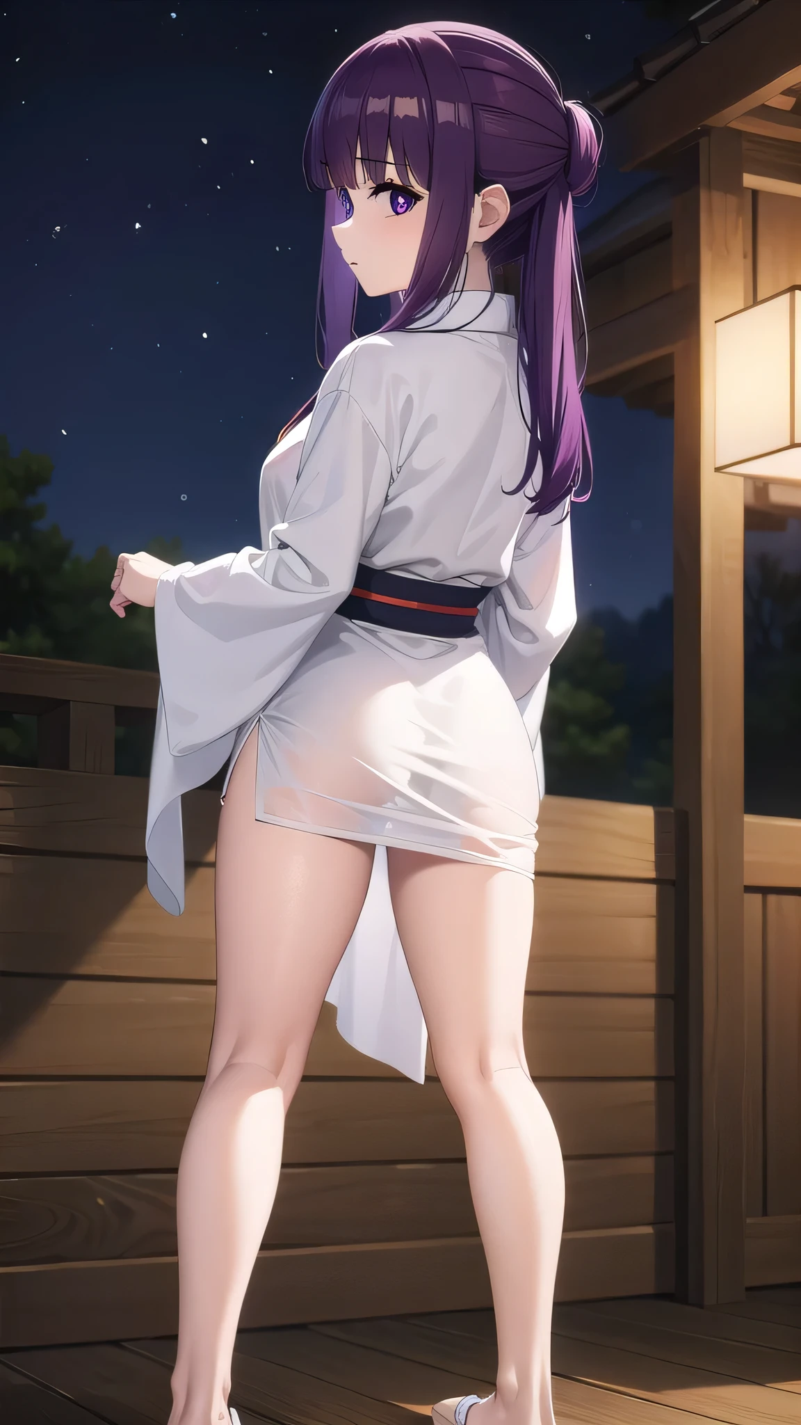 BREAK looking at viewer, BREAK (masterpiece:1.2), best quality, high resolution, unity 8k wallpaper, (illustration:0.8), (beautiful detailed eyes:1.6), extremely detailed face, perfect lighting, extremely detailed CG, (perfect hands, perfect anatomy)fern, long hair, bangs, (purple eyes:1.1), purple hair, sidelocks, blunt bangs, (bright pupils:1.5),onsen,hot springs, night, half updo,
long sleeves,Japanese clothes,yukata, sash, cleavege,neckline,full body,stockings,from behind,upskirt,bend over.
