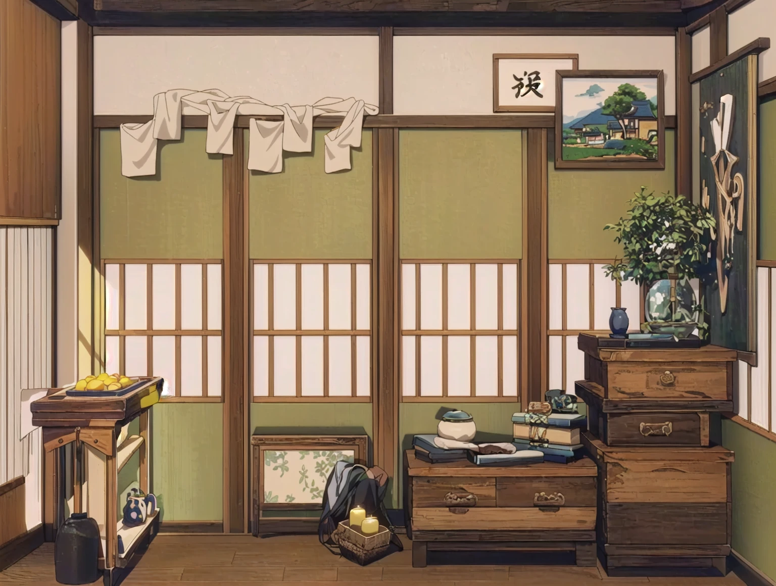 There is a room,There are a lot of furniture and a window inside, Personal room background, Inspired by Yoshida Toshi, room of the nameless painter, Japanese Houses, Studio Ghibli bedroom, Inspired by Watanabe Shotasu, Anime Background Art, Studio Ghibli Aesthetics, Japanese influence, Warm home background, Detailed scenery —width 672