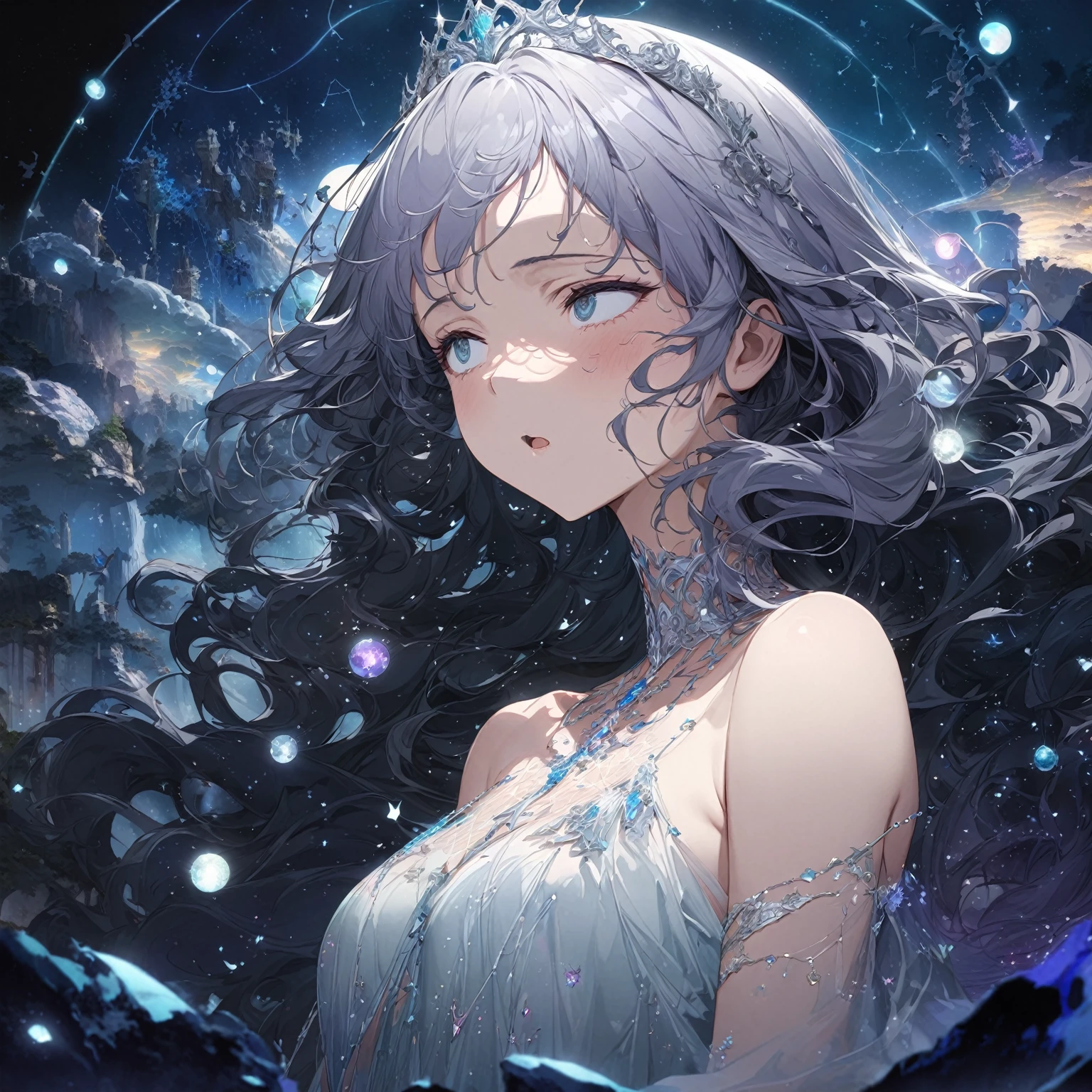 Woman, ethereal, otherworldly presence, sleepy, tired expression, half-closed, droopy eyes, slightly open mouth, silver, wavy hair, flowing gown, (nude:0.8), gossamer-like fabric, midnight blue, silver, lavender, constellation patterns, crescent moons, silver tiara, crescent-shaped charms, glowing gemstones, delicate silver bracelets, surreal, dreamlike landscape, large luminous moon, wisps of mist, floating islands, mythical creatures, glowing flora, small glowing orbs, faint silver threads, soft silvery light, dream manipulation, detailed gorgeous face| anime style| key visual| intricate detail| highly detailed| breathtaking| vibrant| panoramic| cinematic| Carne Griffiths| Conrad Roset| gibbli 8k