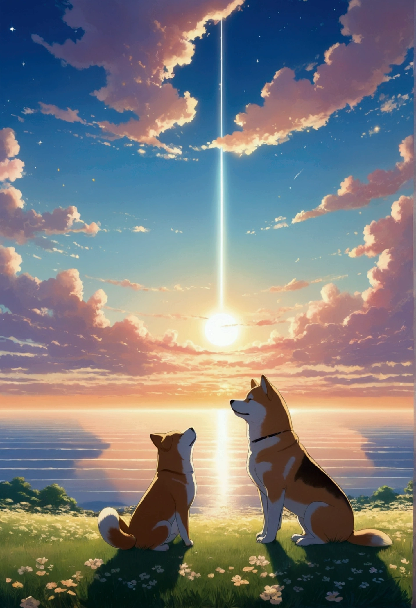 Makoto Shinkai Taste, Beautiful sky, Shiba Inu Puppy,Romantic Landscape, Healing scenes, Light pours in,hope, Makoto Shinkai Taste,Detailed Description, Sunset, A grand expanse,The sky sparkles like stars, Sublime, prayer,butterfly,