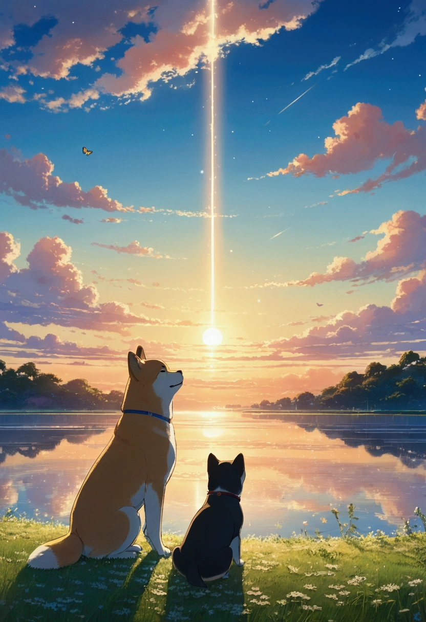 Makoto Shinkai Taste, Beautiful sky, Shiba Inu Puppy,Romantic Landscape, Healing scenes, Light pours in,hope, Makoto Shinkai Taste,Detailed Description, Sunset, A grand expanse,The sky sparkles like stars, Sublime, prayer,butterfly,