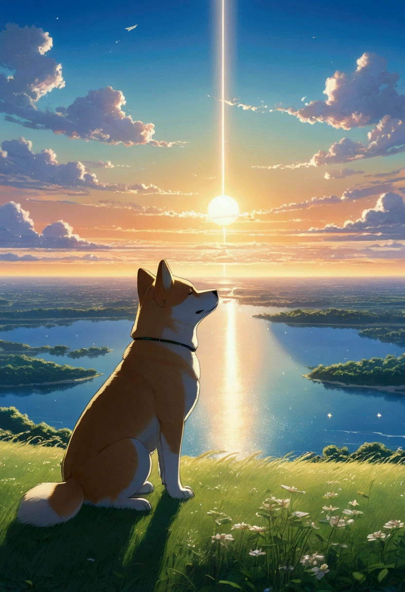 Makoto Shinkai Taste, Beautiful sky, Shiba Inu Puppy,Romantic Landscape, Healing scenes, Light pours in,hope, Makoto Shinkai Taste,Detailed Description, Sunset, A grand expanse,The sky sparkles like stars, Sublime, prayer,butterfly,