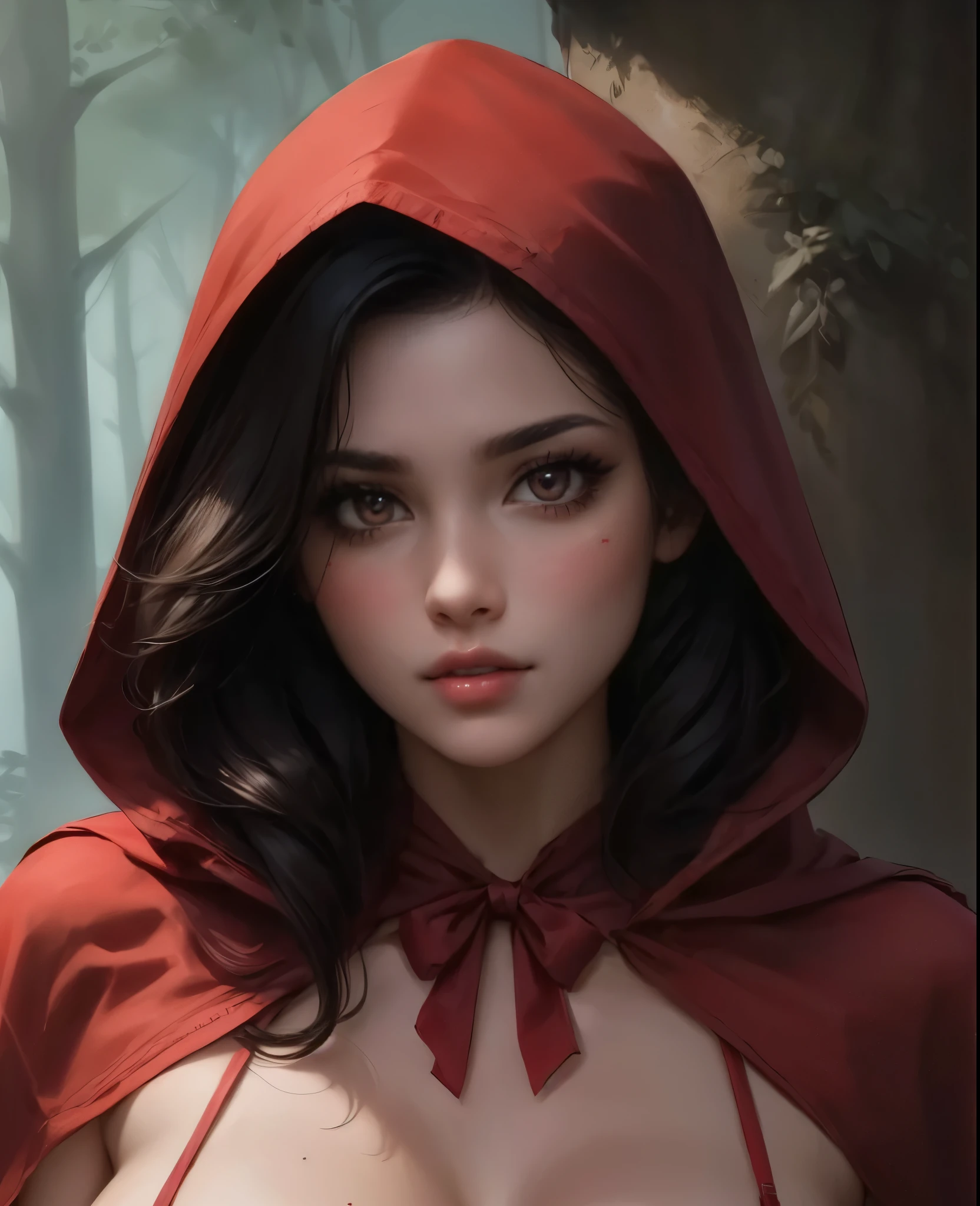 closeup shot, beautiful girl, red riding hood, red hood, sexy sexy brown eyes, detailed lips, eyes, detailed skin texture, dark hair, hyper detailed photo with sharp focus, beautiful masterpiece,