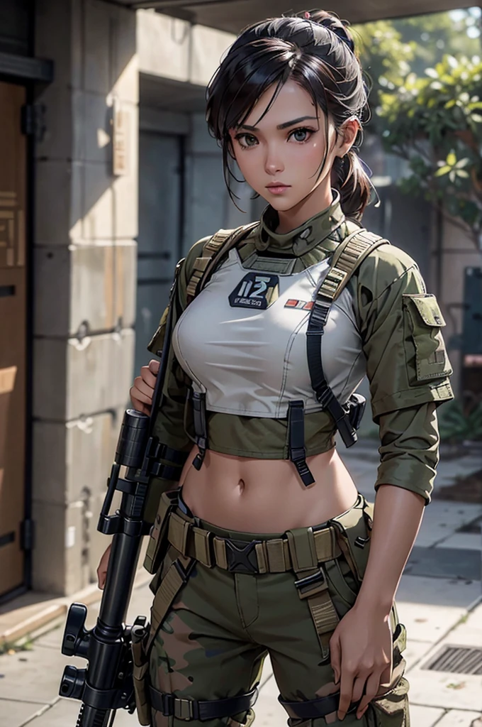 Woman in white holding a rifle and wearing headphones, 24 year old woman, filipino women, bronze tan skin, young soldier, mechanized young soldier, Military Girl, beautiful female soldier, Female lead character, Military Girlราบ, Girl's sniper at war, solo female character, Future combat equipment, Half-body close-up, Woman wearing military bulletproof crop top, Show navel, เงียบจาก Metal Gear Solid V, Wear tactical equipment, Wear tactical armor., (Aim the rifle)