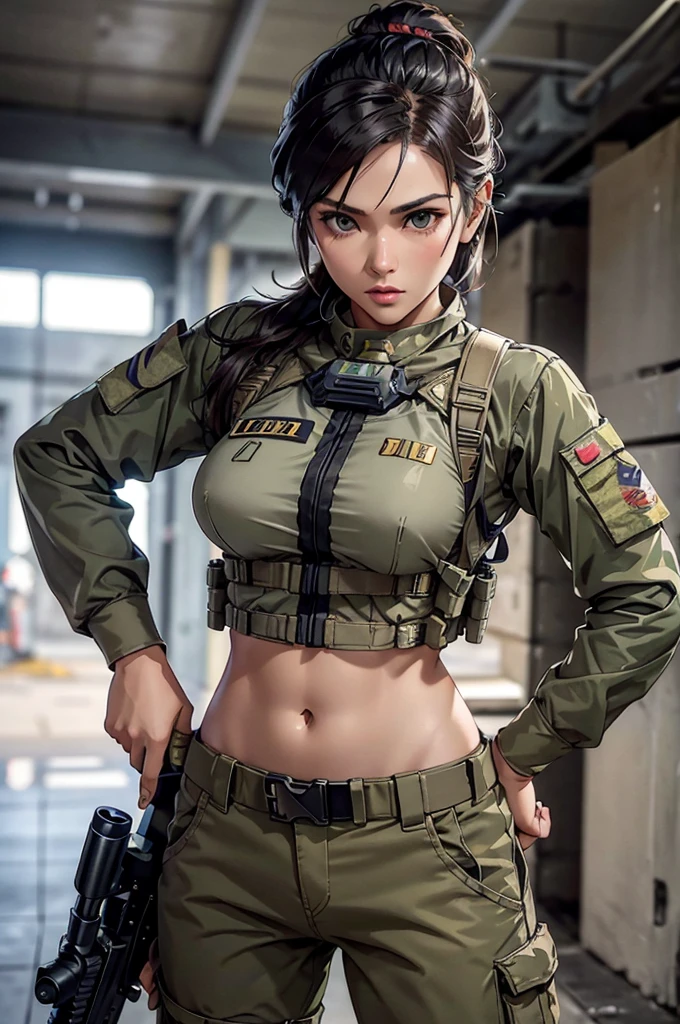 Woman in white holding a rifle and wearing headphones, 24 year old woman, filipino women, bronze tan skin, young soldier, mechanized young soldier, Military Girl, beautiful female soldier, Female lead character, Military Girlราบ, Girl's sniper at war, solo female character, Future combat equipment, Half-body close-up, Woman wearing military bulletproof crop top, Show navel, เงียบจาก Metal Gear Solid V, Wear tactical equipment, Wear tactical armor., (Aim the rifle)