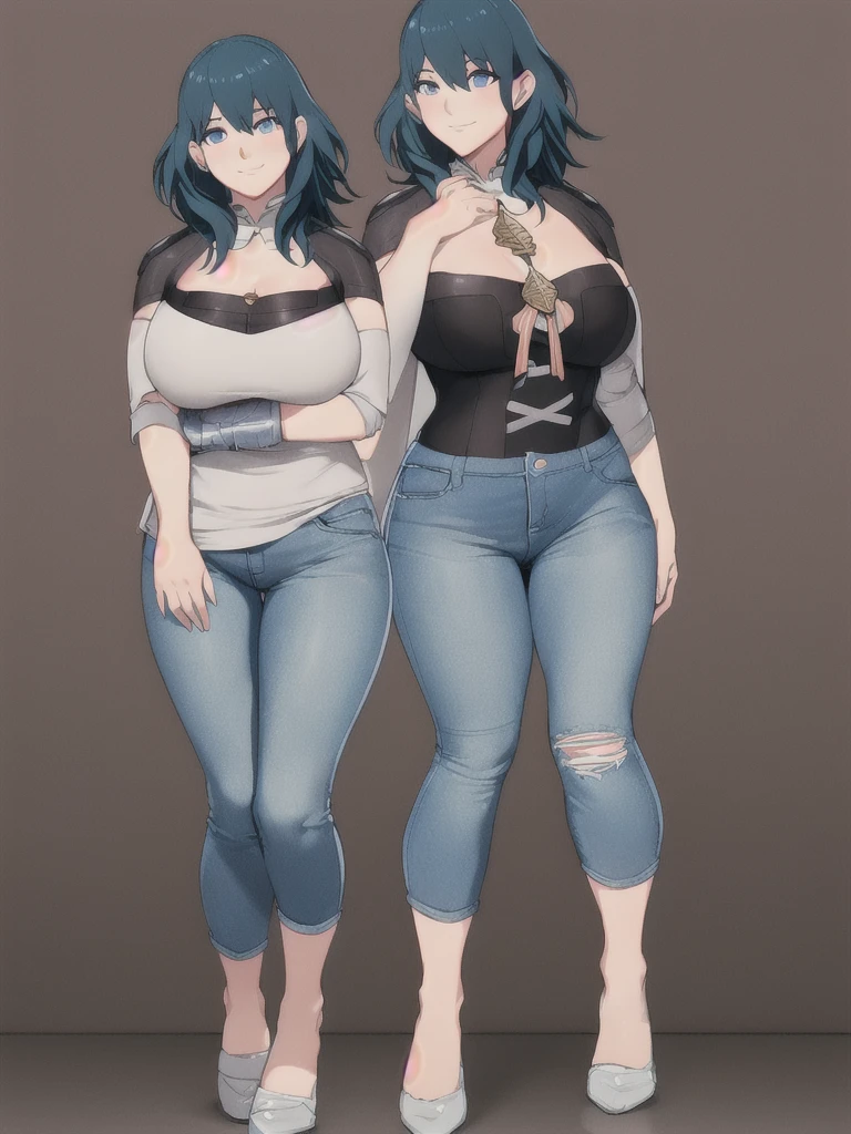 ((Full body)), (low head 1.5), A little sloppy body type and small breasts, masterpiece, tight denim pants, chubby but small breasts, very thick legs++, Full body+, Solo, Swollen face, Moderately fat body type+, 1 woman, wide shoulder, white tutleneck,  light blue Denim pants, thick thighs, low rise light blue denim pants, solo, simple background, masterpiece, best quality, unreal engine, ultra res, extremely detailed,
1girl, 
byleth,
gauntlet, cape, floral print,
watching at viewer,
Bitter smile
hews style CSR STYLE
ROUND BREASTS, SMALL BREASTS