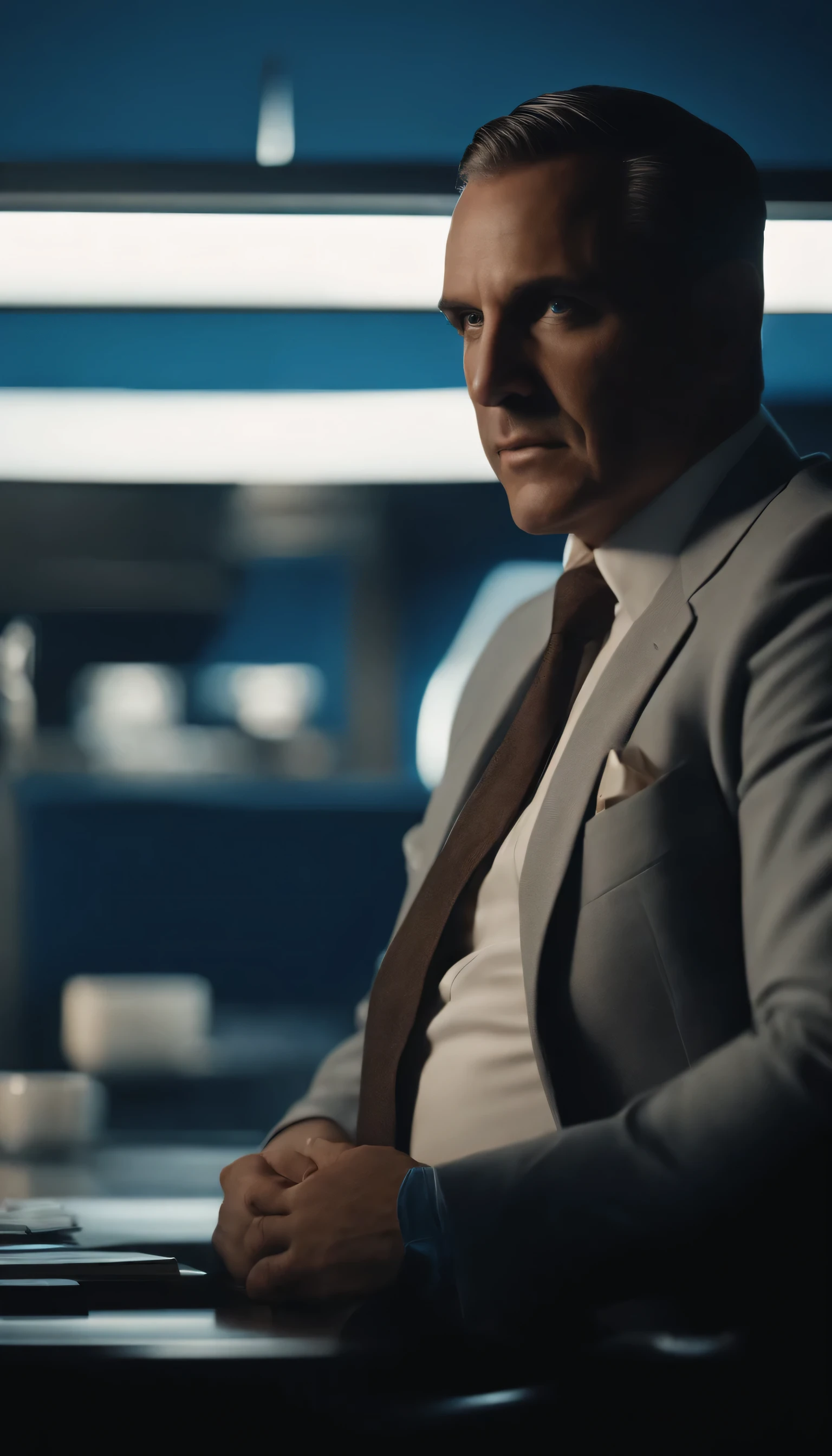 Marcus, a wealthy man sitting by his desk as the boss, neat richoffice setting,
8k epic-realistic imagery, blue scenery like a movie scene, old american setting, inspired by blade runner movie scene, blue tone