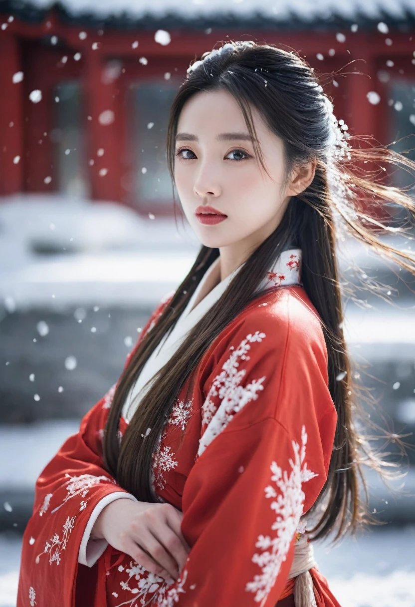 Movie照片 ,best quality , (masterpiece:1.2) , Movie照片,1 girl,Beautiful girl in red Hanfu, Standing in the wind and snow, Long hair blown by the wind,Snow in the sky , Upper Body,snow,snow天,in winter ,Motion blur ,(sad:1.1),(cry:1.1),close up,(tears:1.1),(Face focus:1.1),(Shut up:1.1),Front view ,35mm Photo, Movie, Bokeh, professional, 4K, Very detailed,Hull Girls
