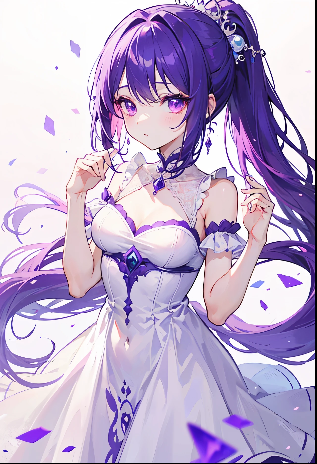 Light white dress with pink and purple color,Purple and pink long ponytail,Pink Purple Eyes,Gentle and coquettish princess,Bright and glossy color,Crystal clear,slim