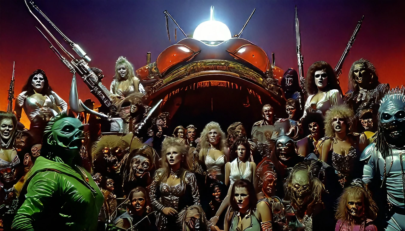 in (medium full shot:3.1) of lot of characters from a movie for slave girls from beyond infinity, inspired by Clyde Caldwell, futuristic apocalypse, stalenhag, metal album cover, gwar, heavy metal band promo, wayne barlowe pierre pellegrini, (with Creepy, Sci-Fi, Fantasy and Horror:2.9) retro sci fi, Horror movie, very detailed body, moody, epic, shot on Kodak Vision3, (intricate details:2.4), (hyperdetailed:3.1), (8k resolution:3.1), (high detailed:4.1), lot of detailed, high quality, soft (cinematic:3.3) light, dramatic atmosphere, atmospheric pespective, (impactful art:2.8), rich colors