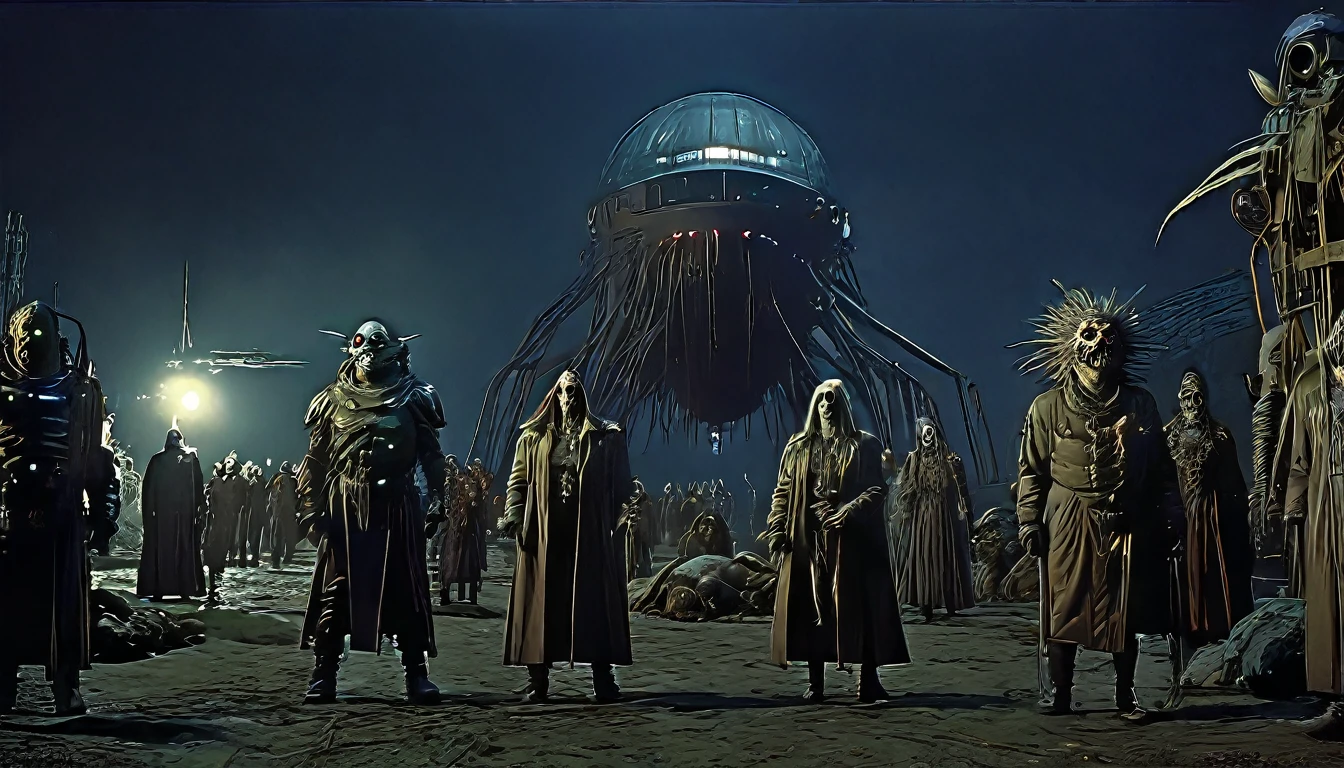 in (medium full shot:3.1) of lot of characters from a movie for slave girls from beyond infinity, inspired by Clyde Caldwell, futuristic apocalypse, stalenhag, metal album cover, gwar, heavy metal band promo, wayne barlowe pierre pellegrini, (with Creepy, Sci-Fi, Fantasy and Horror:2.9) retro sci fi, Horror movie, very detailed body, moody, epic, shot on Kodak Vision3, (intricate details:2.4), (hyperdetailed:3.1), (8k resolution:3.1), (high detailed:4.1), lot of detailed, high quality, soft (cinematic:3.3) light, dramatic atmosphere, atmospheric pespective, (impactful art:2.8), rich colors
