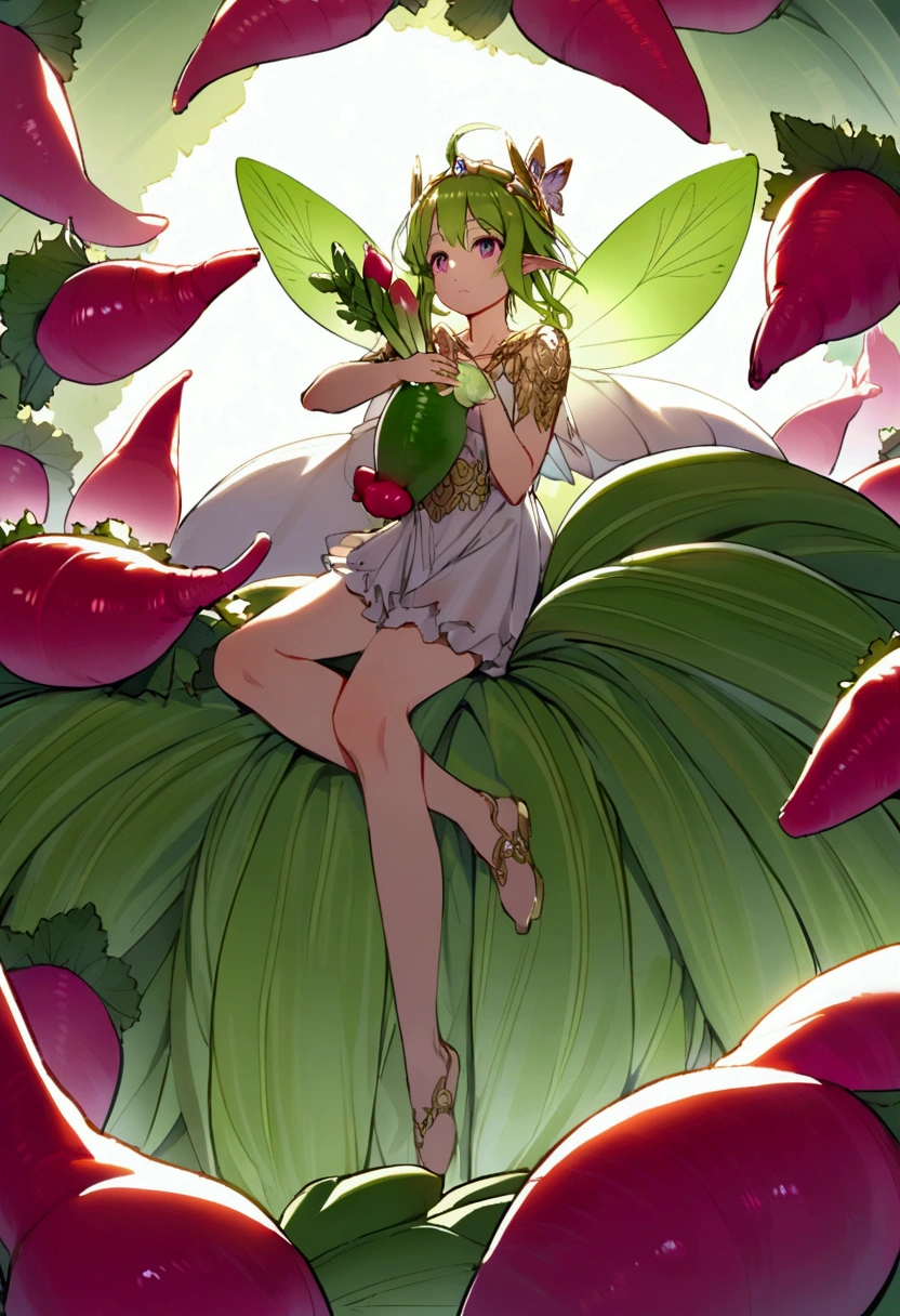 a  fairy flying over a pile of Radishes , holding one Radish on her hand