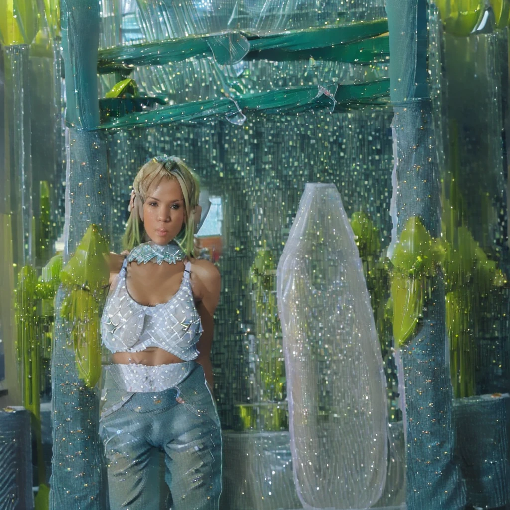 ((sexy)) (((ALONE LONELY SOLO))) blonde russian with (((tits shaped like green BOMBS))) wearing stunning gorgeous intricate (((white y2k tank top))) on it, wearing wired headphones and gorgeous crystallised ((((baggy blue jeans)))) with (((chartreuse green stars))) on them, (((green boots))), channeling the essence of (((clubbing))) and y2k in club background