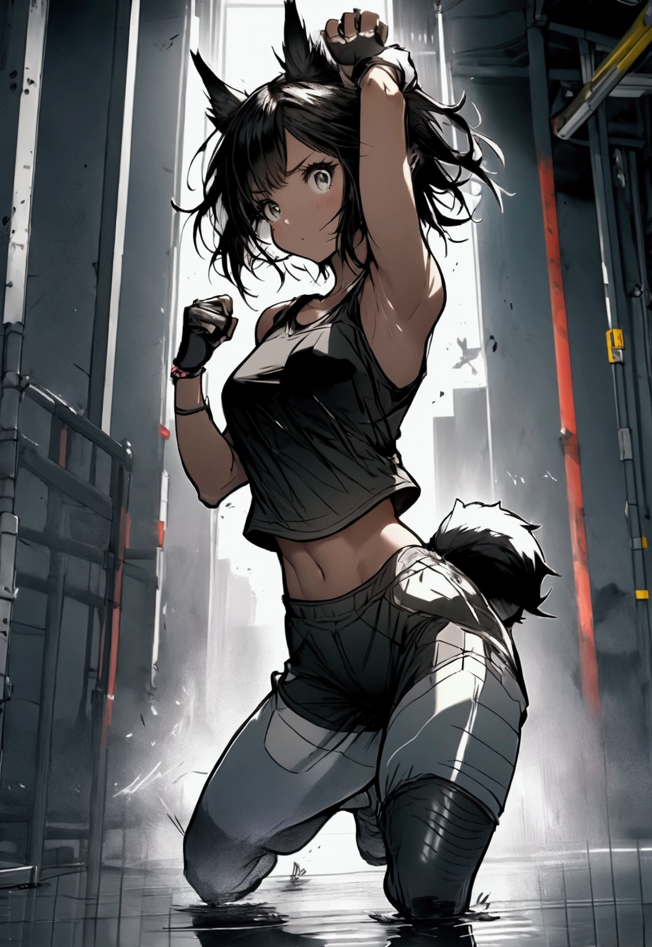 Create an illustration of a young kangaroo-human hybrid girl with a cute appearance. She wears a sporty outfit, including a tank top and shorts, and her clothing features pouches reminiscent of a kangaroo’s. The background is set in a boxing ring or a training gym, emphasizing her athletic nature, and incorporates fractal art elements with a colorful and pop aesthetic.

Her accessories include boxing gloves, showcasing her strength and athleticism. She is depicted in a dynamic pose, either mid-jump or mid-kick, highlighting her agility. Her expression is slightly worried or determined, reflecting her nervous yet lovable personality.

Additional features include soft, short hair that complements her cute and athletic look, slightly elongated ears blending human and kangaroo traits, and a tail visible behind her, perhaps slightly curled or in motion to show her alertness.