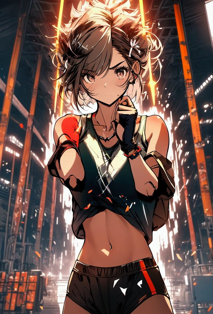 Create an illustration of a young kangaroo-human hybrid girl with a cute appearance. She wears a sporty outfit, including a tank top and shorts, and her clothing features pouches reminiscent of a kangaroo’s. The background is set in a boxing ring or a training gym, emphasizing her athletic nature, and incorporates fractal art elements with a colorful and pop aesthetic.
Her accessories include boxing gloves, showcasing her strength and athleticism. She is depicted in a dynamic pose, either mid-jump or mid-kick, highlighting her agility. Her expression is slightly worried or determined, reflecting her nervous yet lovable personality.
Additional features include soft, short hair that complements her cute and athletic look, slightly elongated ears blending human and kangaroo traits, and a tail visible behind her, perhaps slightly curled or in motion to show her alertness.