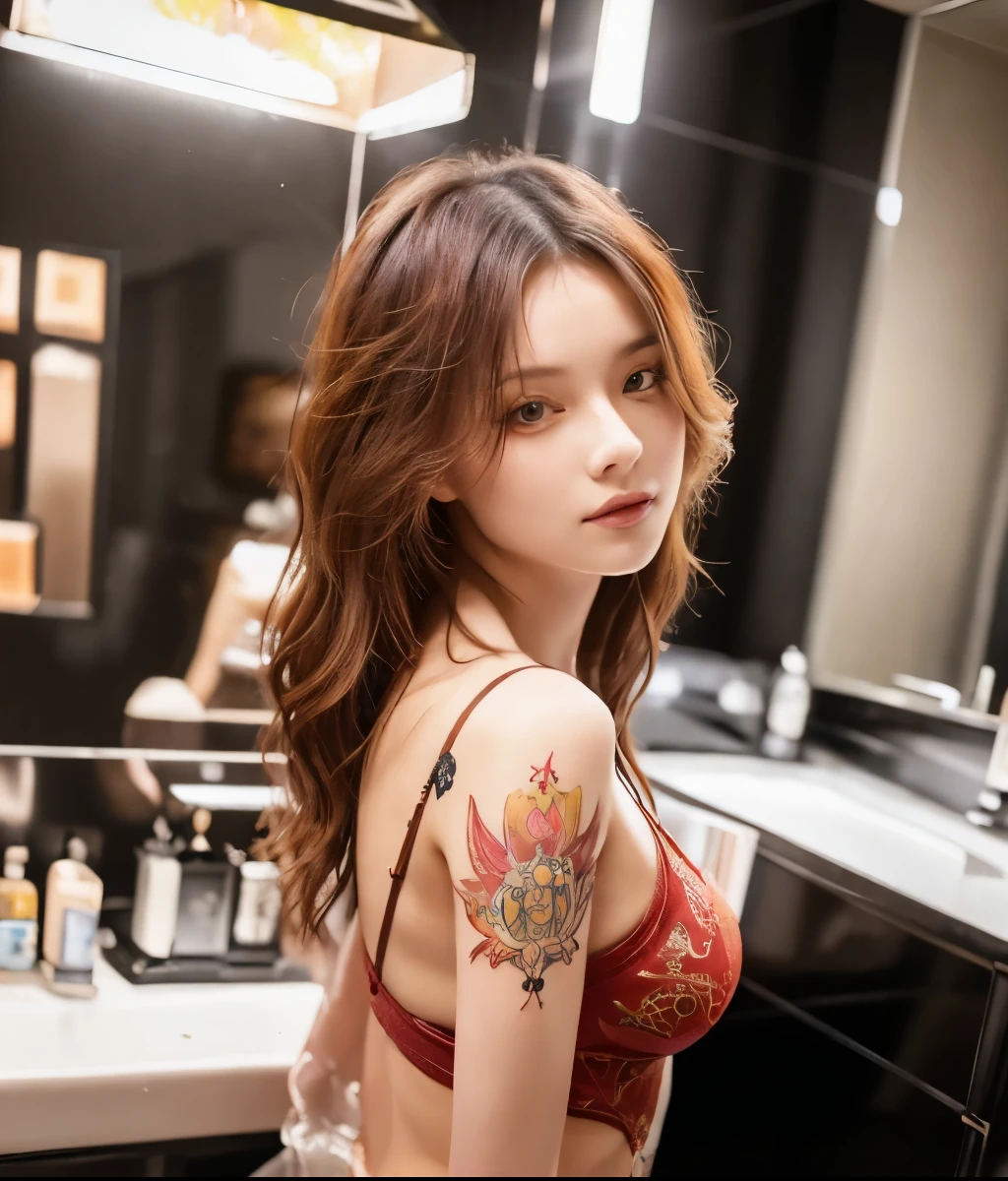 Style sticker, sticker with white edges, beautiful shiny sticker, beautiful, Tattoo vibes: I carry my passion stamped on my skin. Imagine a scene of a beautiful young woman, 25 years old, red hair with light highlights, with a tattoo on the skin, bright color, isometric background, blurred background of a tattoo studio, trending artstation, 8k, resolution qlta masterpiece, realistic photography, by Alphonse Mucha, by Wlop,and having sex